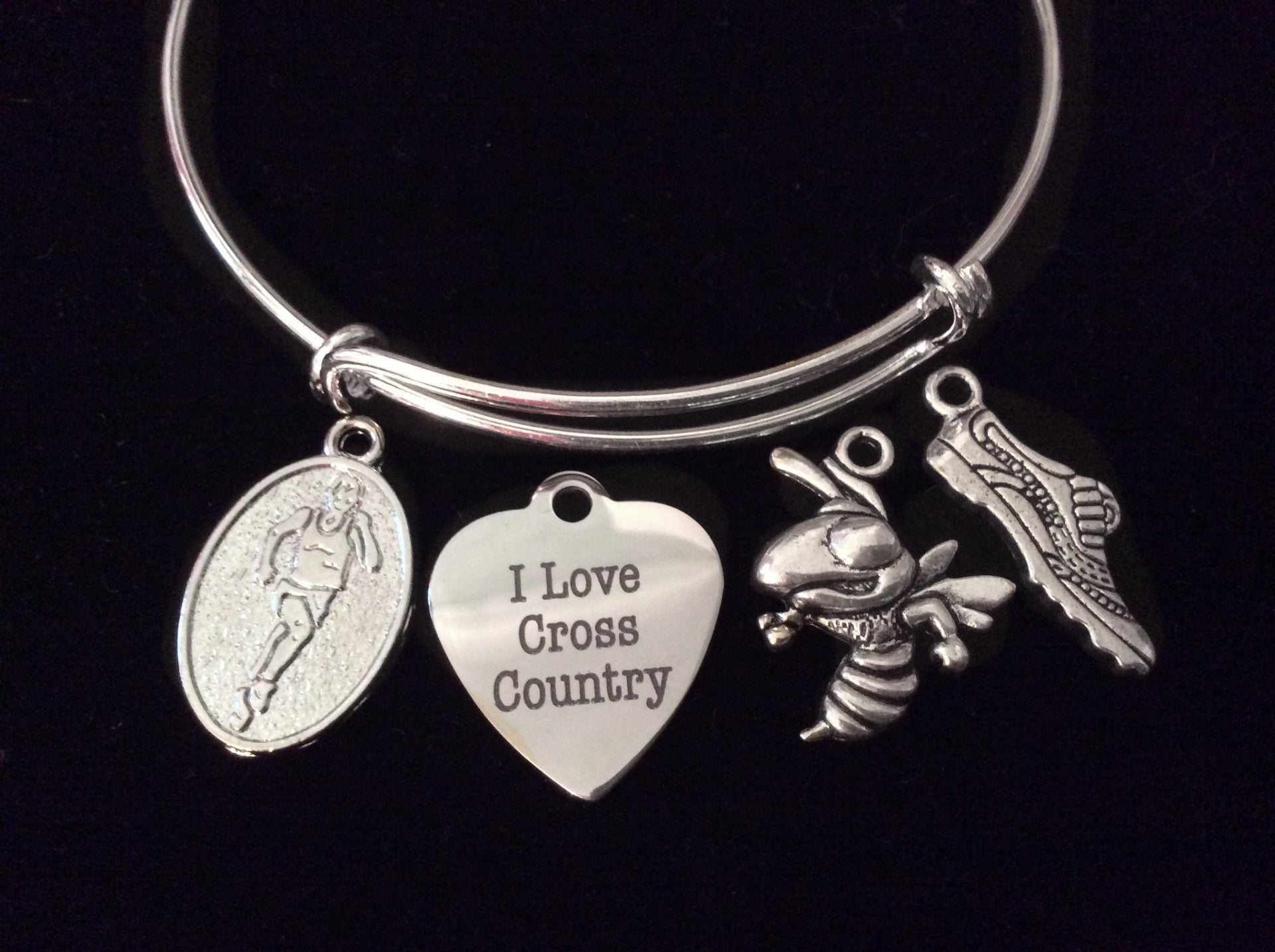 I Love Cross Country Silver Expandable Charm Bracelet Adjustable Wire Bangle Finish Line Gift Trendy