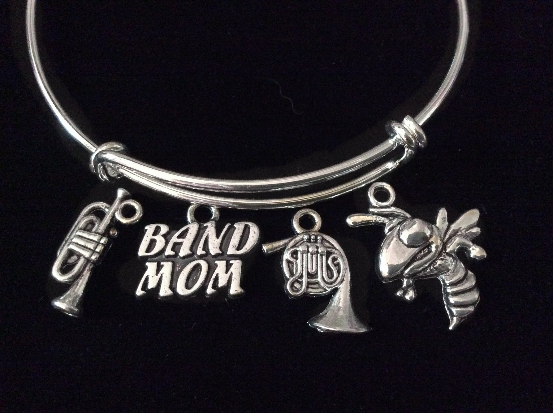 Band Mom Silver Expandable Charm Bracelet Adjustable Wire Bangle Gift Trendy Musician Music Trumpet 