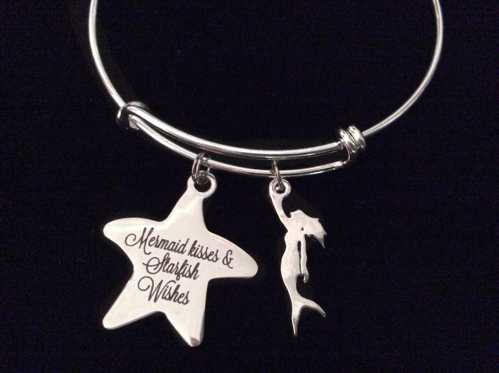 Mermaid Kisses Starfish Wishes Silver Expandable Charm Bracelet Adjustable Bangle Nautical Trendy Me