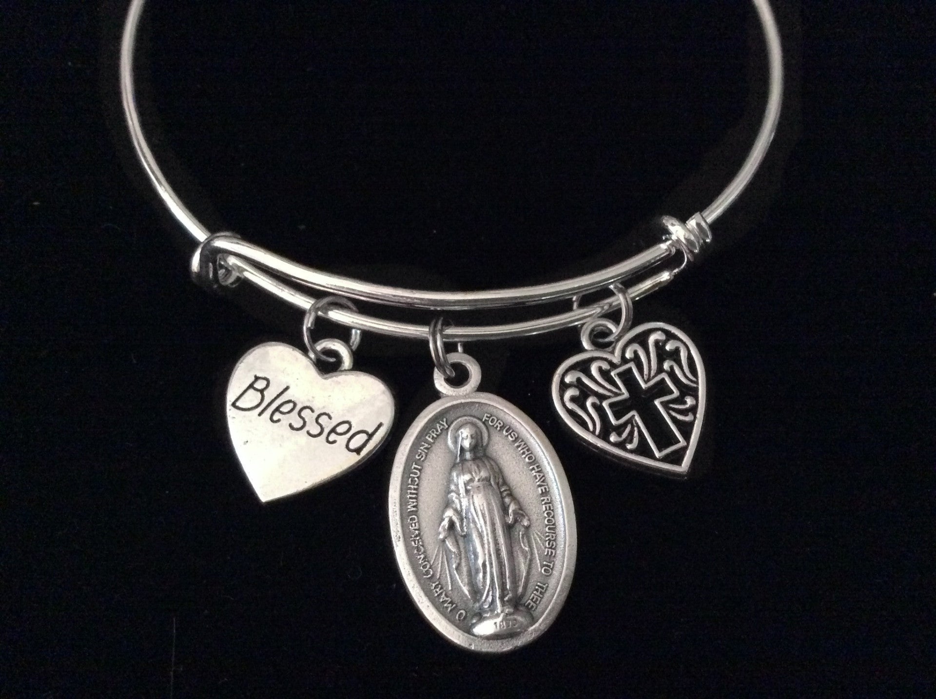 Blessed Miraculous Virgin Mary Filigree Heart Cross Silver Expan