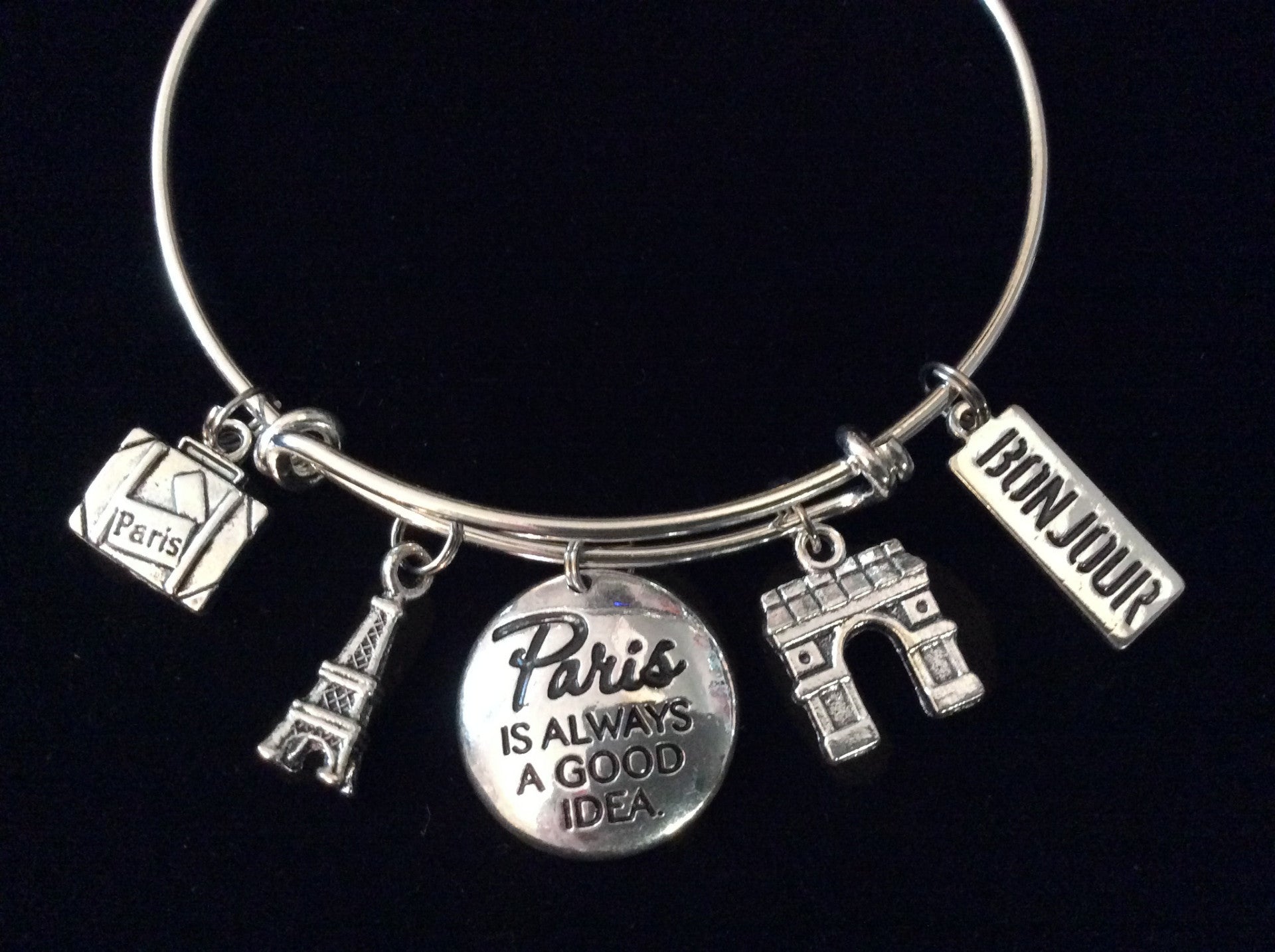 Paris Is Always A Good Idea Silver Expandable Charm Bracelet Adjustable Bangle