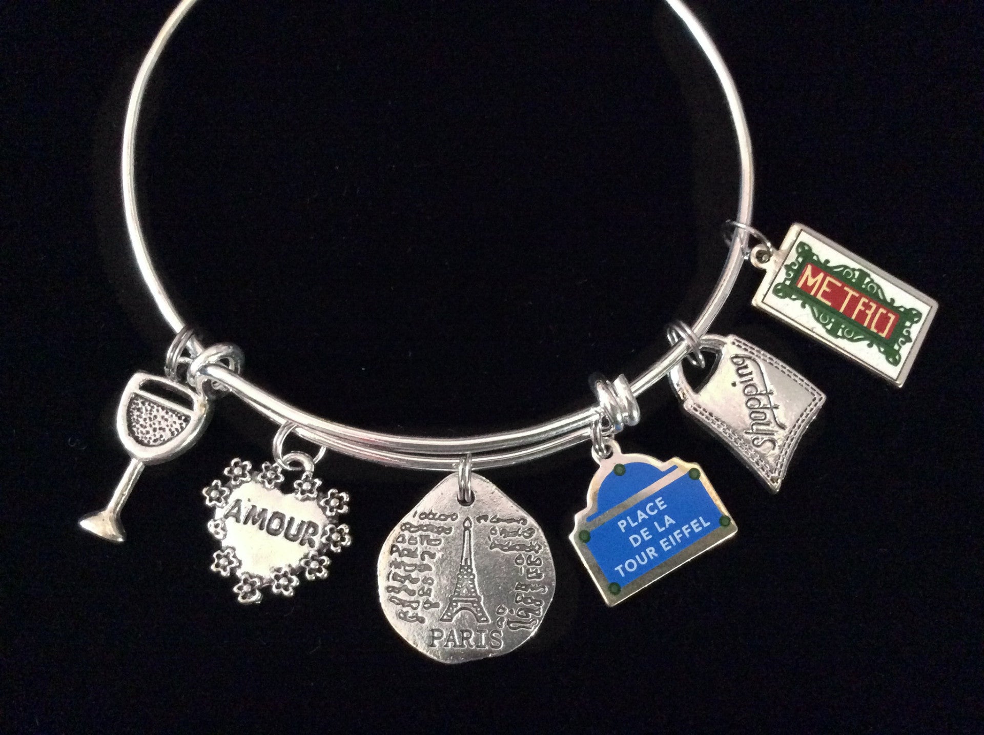 I Love Paris Eiffel Tower Wine Shopping Silver Expandable Charm Bracelet Adjustable Bangle Vacation 