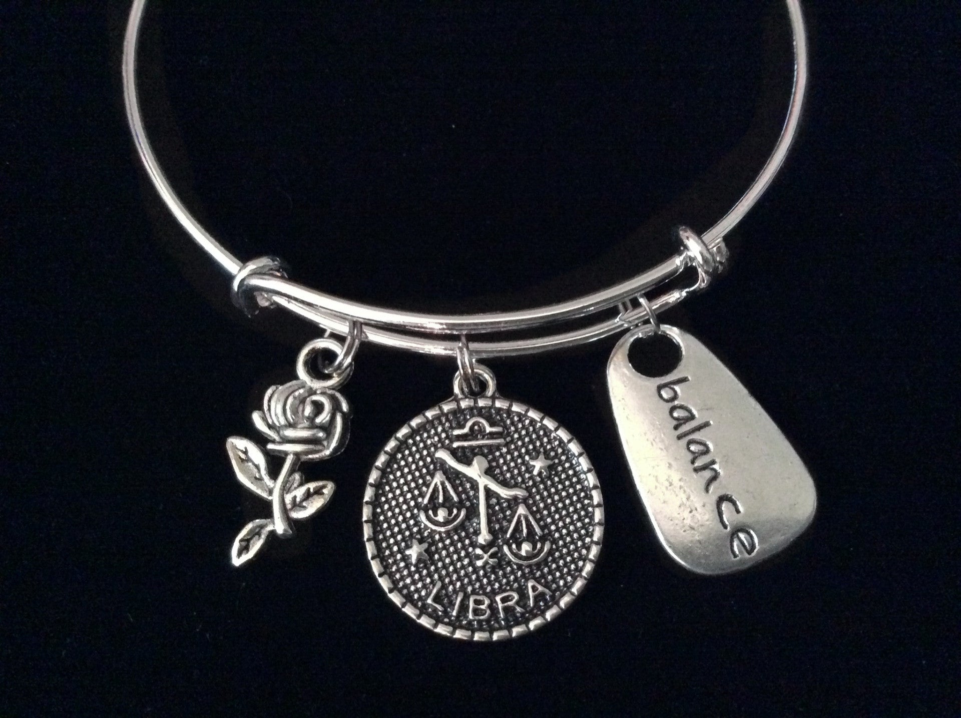 Balance Libra Zodiac Rose Silver Expandable Charm Bracelet Birthday Gift Adjustable Bangle