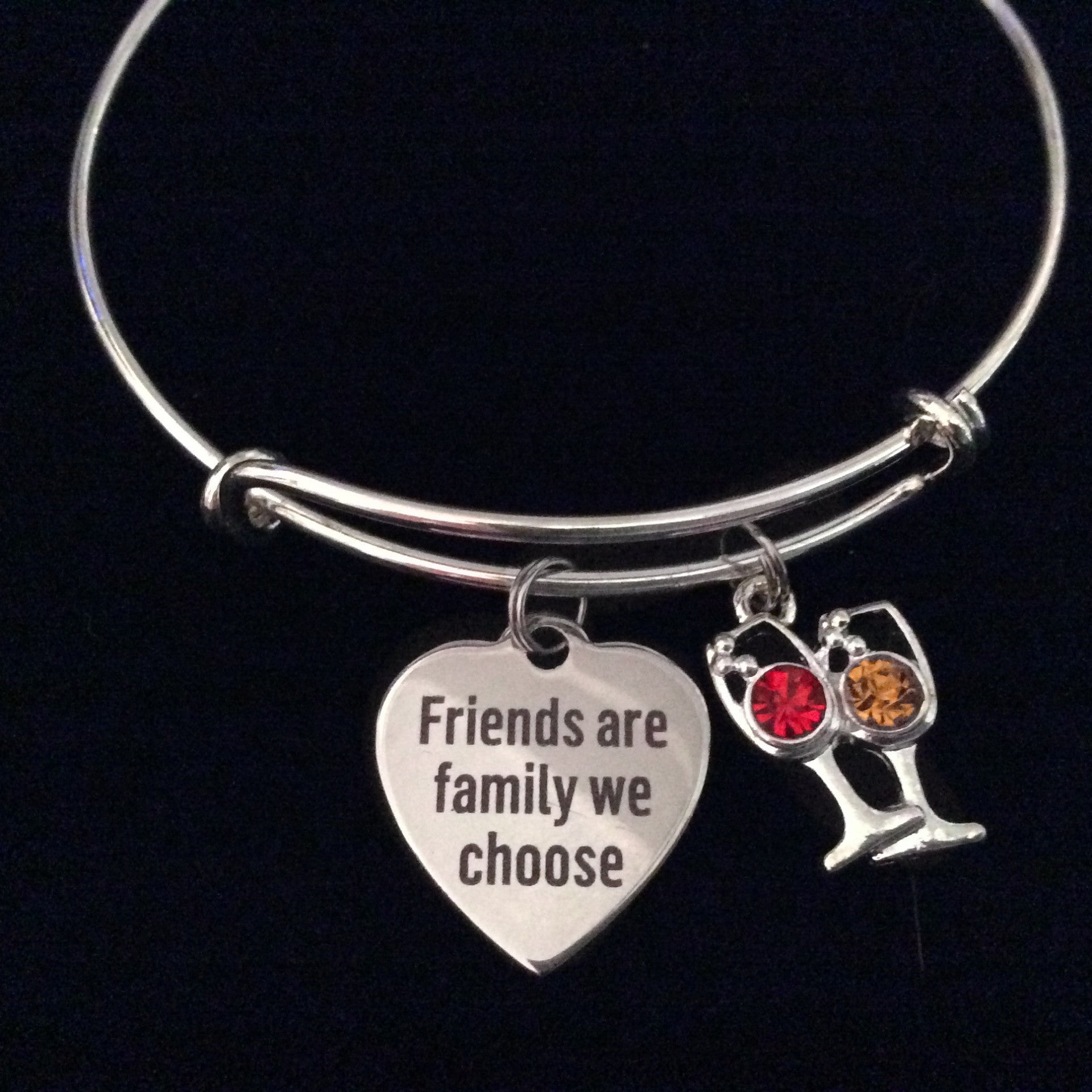 Friends are Family We Choose Silver Expandable Charm Bracelet Wine Glasses Adjustable Bangle BFF Gif