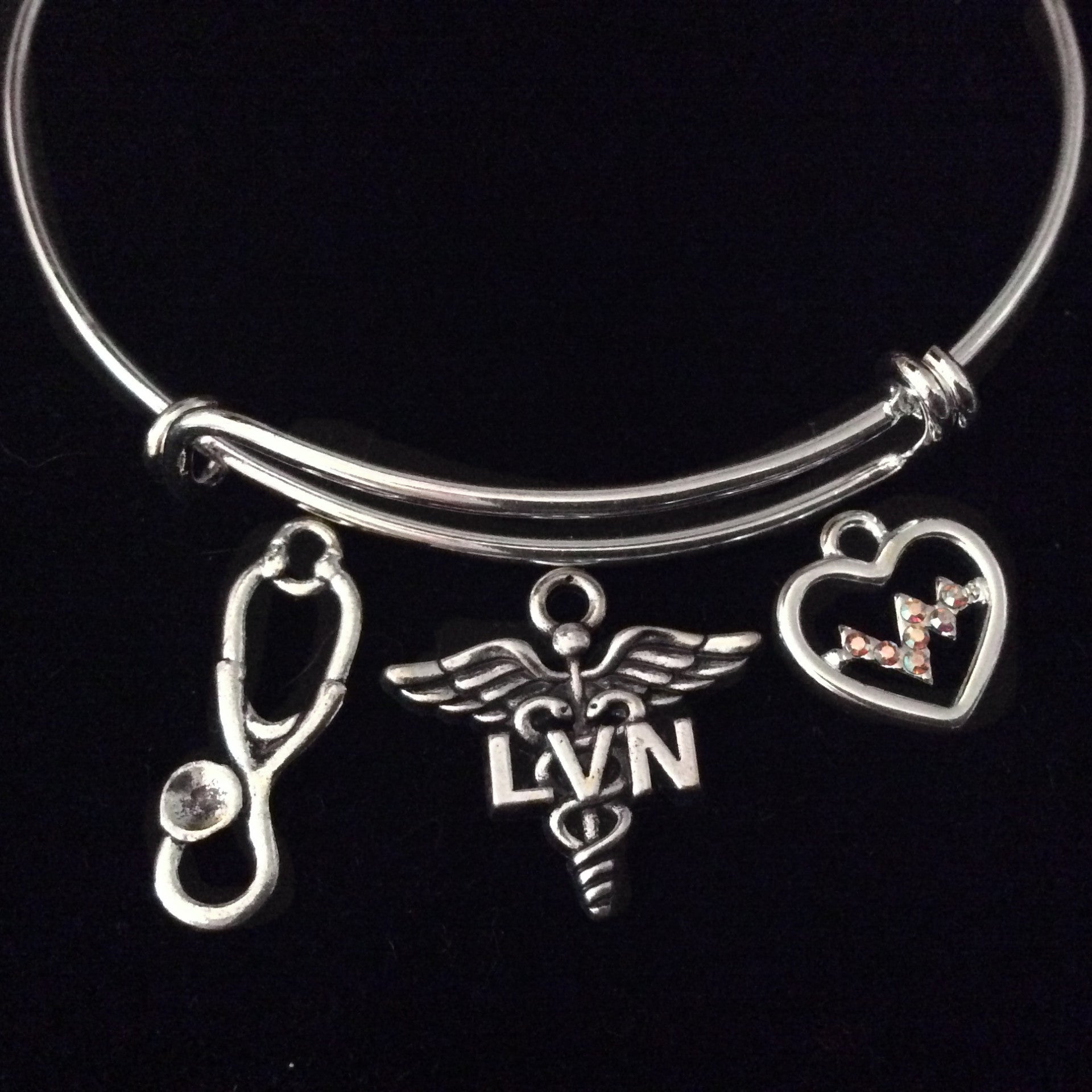 LVN Licensed Vocational Nurse Expandable Silver Charm Bracelet Bangle Medical Occupational Gift Tren