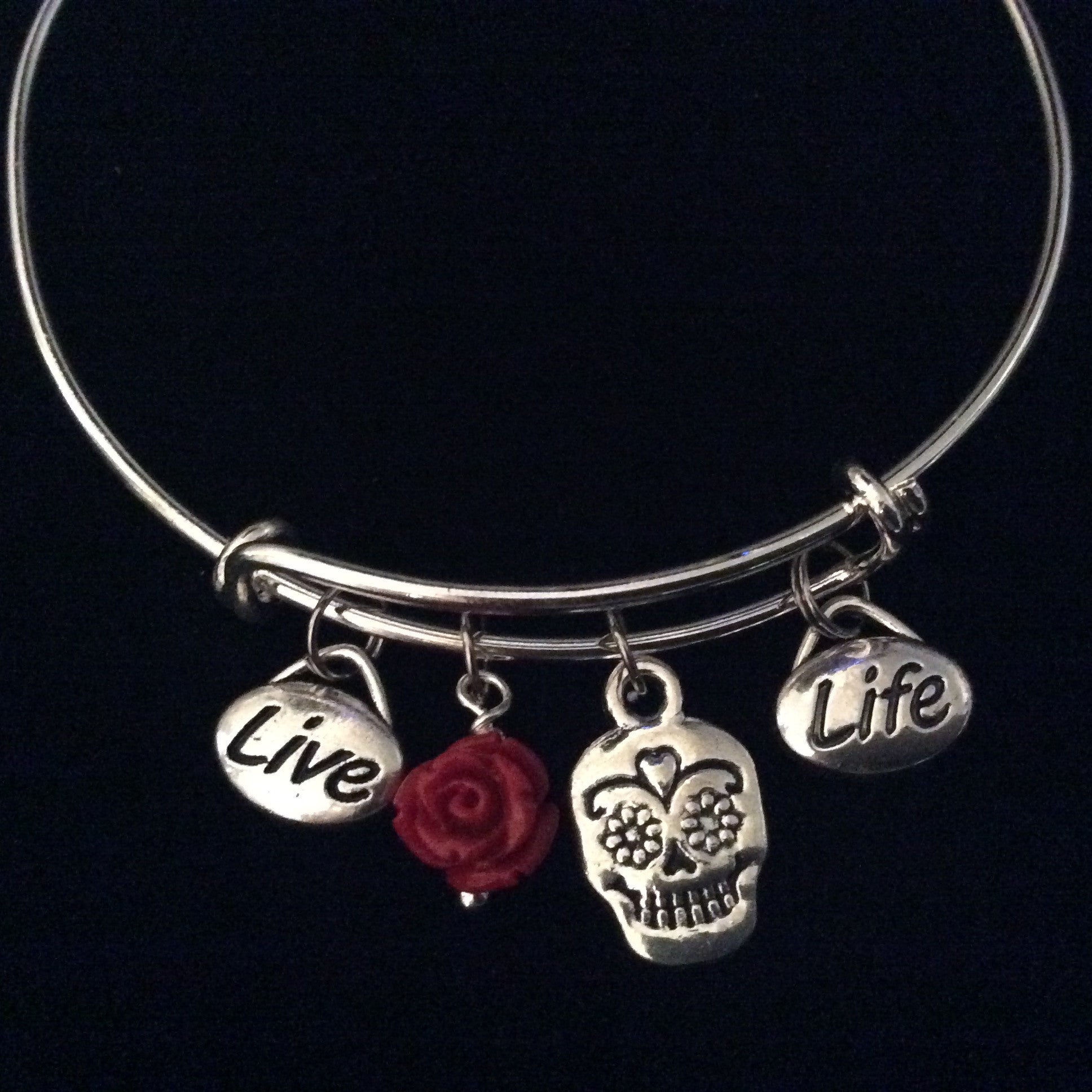 Sugar Skull Red Rose Live Life Silver Expandable Charm Bracelet Halloween Costume Hostess Gift Adjus