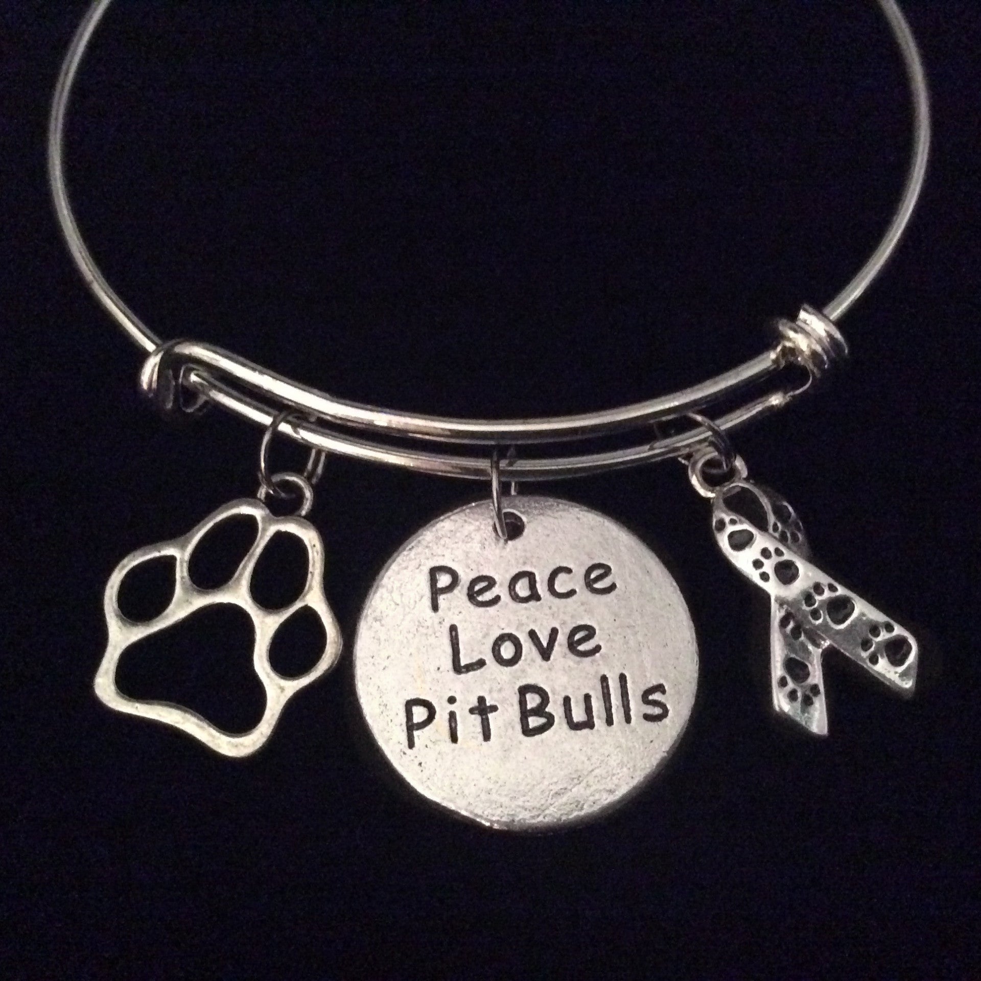 Rescue Peace Love Pit Bull Silver Expandable Charm Bracelet Silver Adjustable Bangle Awareness Gift 