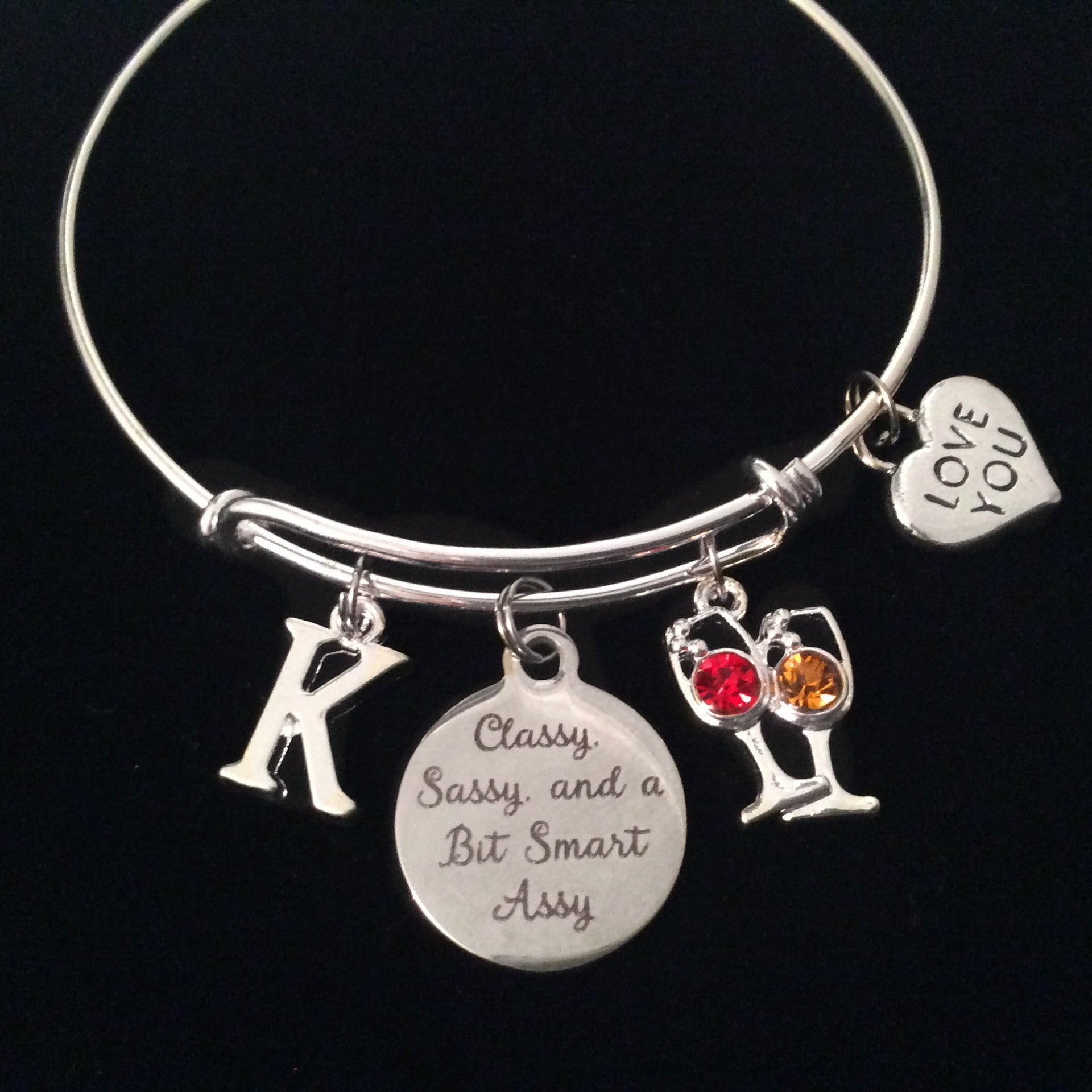 Wine Glasses Classy, Sassy, and a Bit Smart Assy Expandable Charm Bracelet Initial Adjustable Bangle