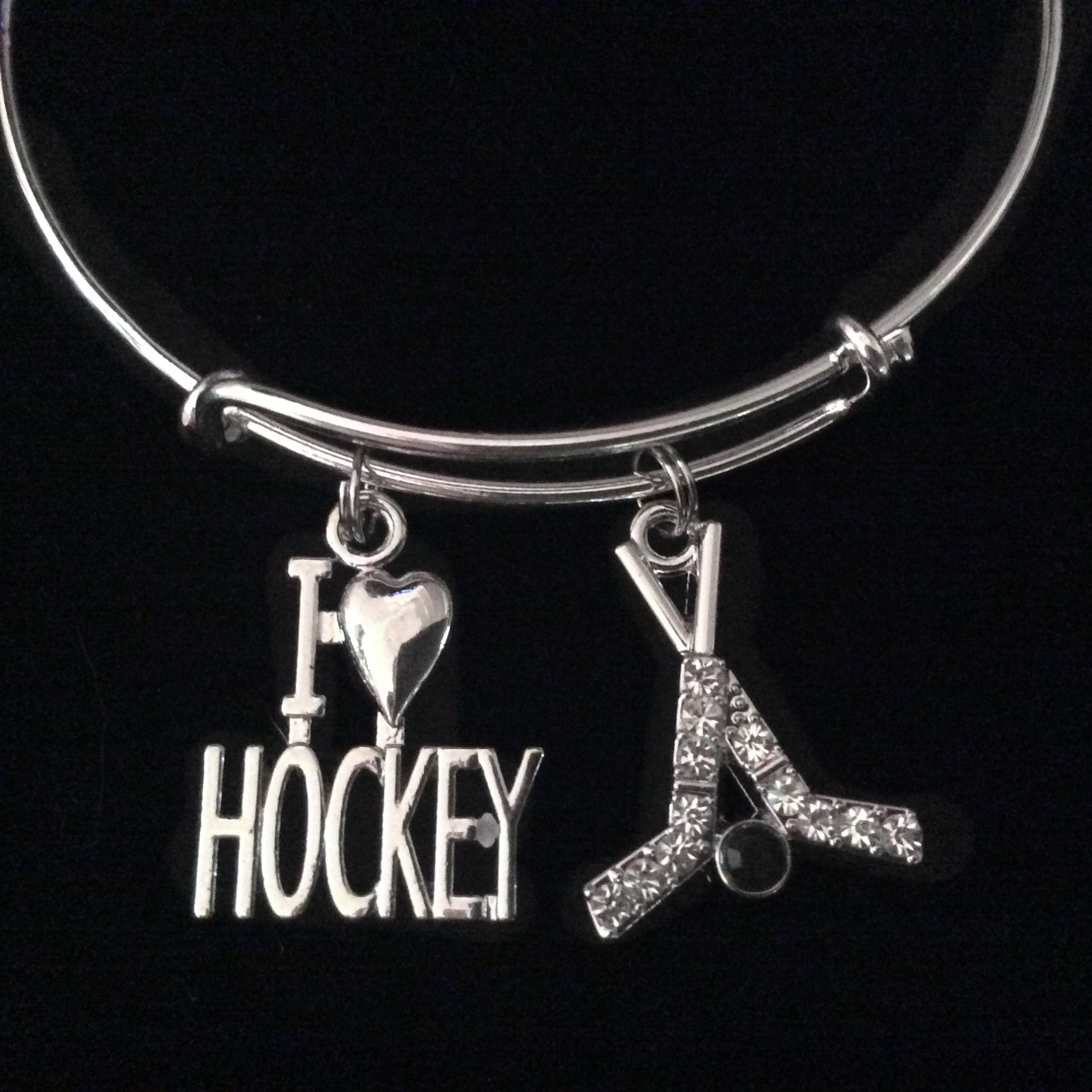 I Love Hockey Crystal Hockey Sticks Silver Expandable Charm Bracelet Adjustable Wire Bangle Sports G