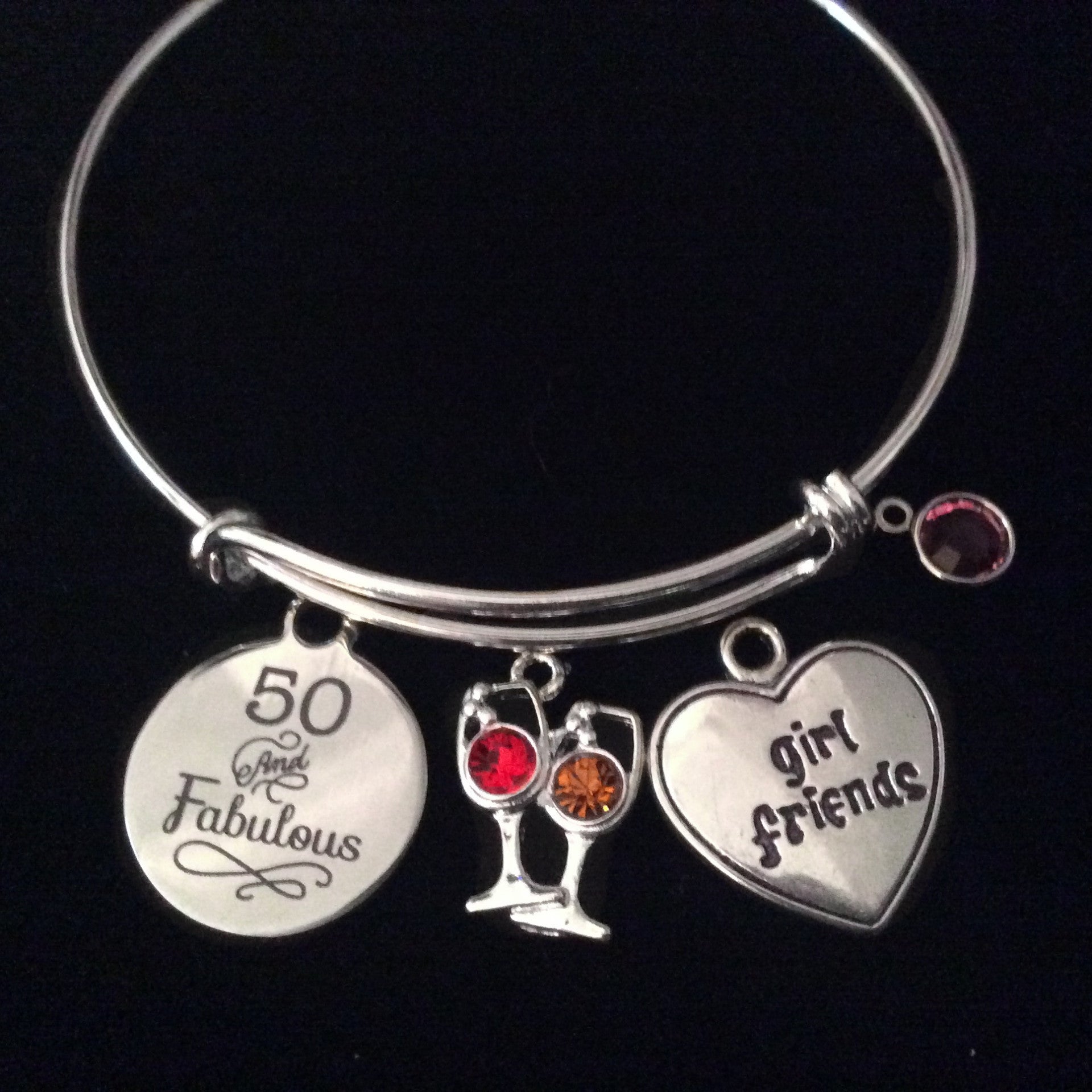 Fabulous and Fifty 50 Girlfriend Expandable Charm Bracelet Wine Glass Silver Adjustable Wire Bangle 