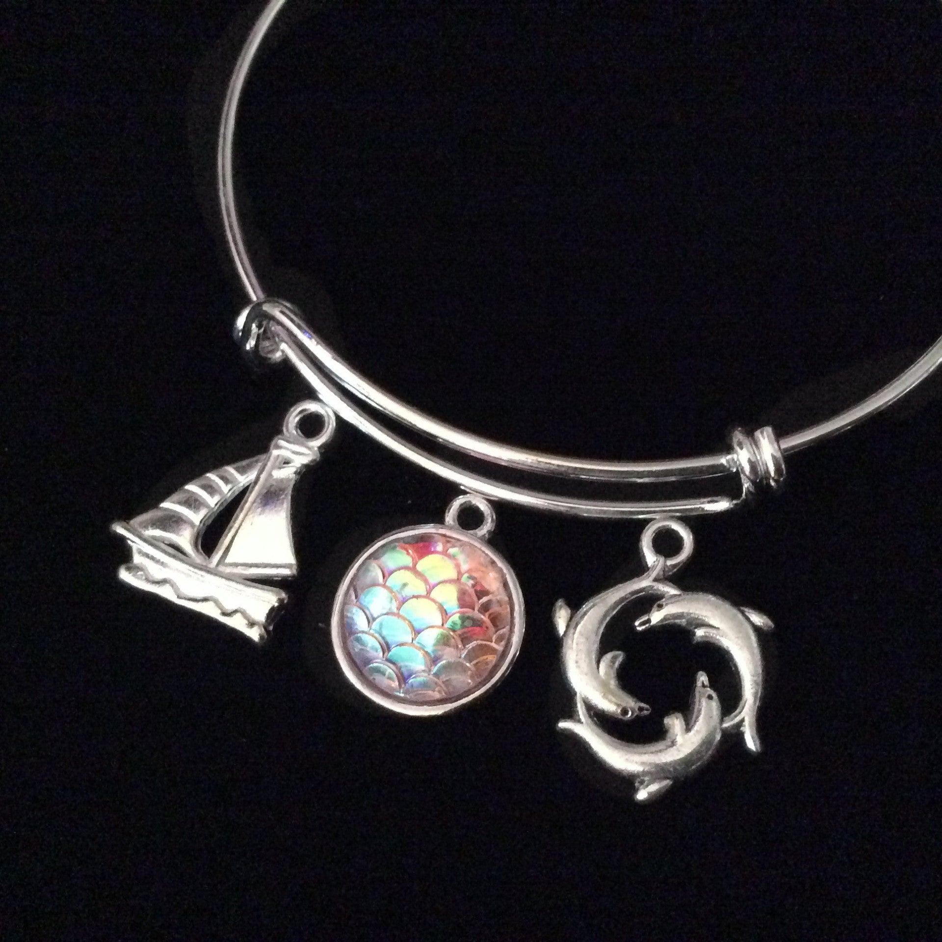 Sailboat Dolphins Mermaid Scales Expandable Charm Bracelet Silver Adjustable Bangle Nautical Trendy