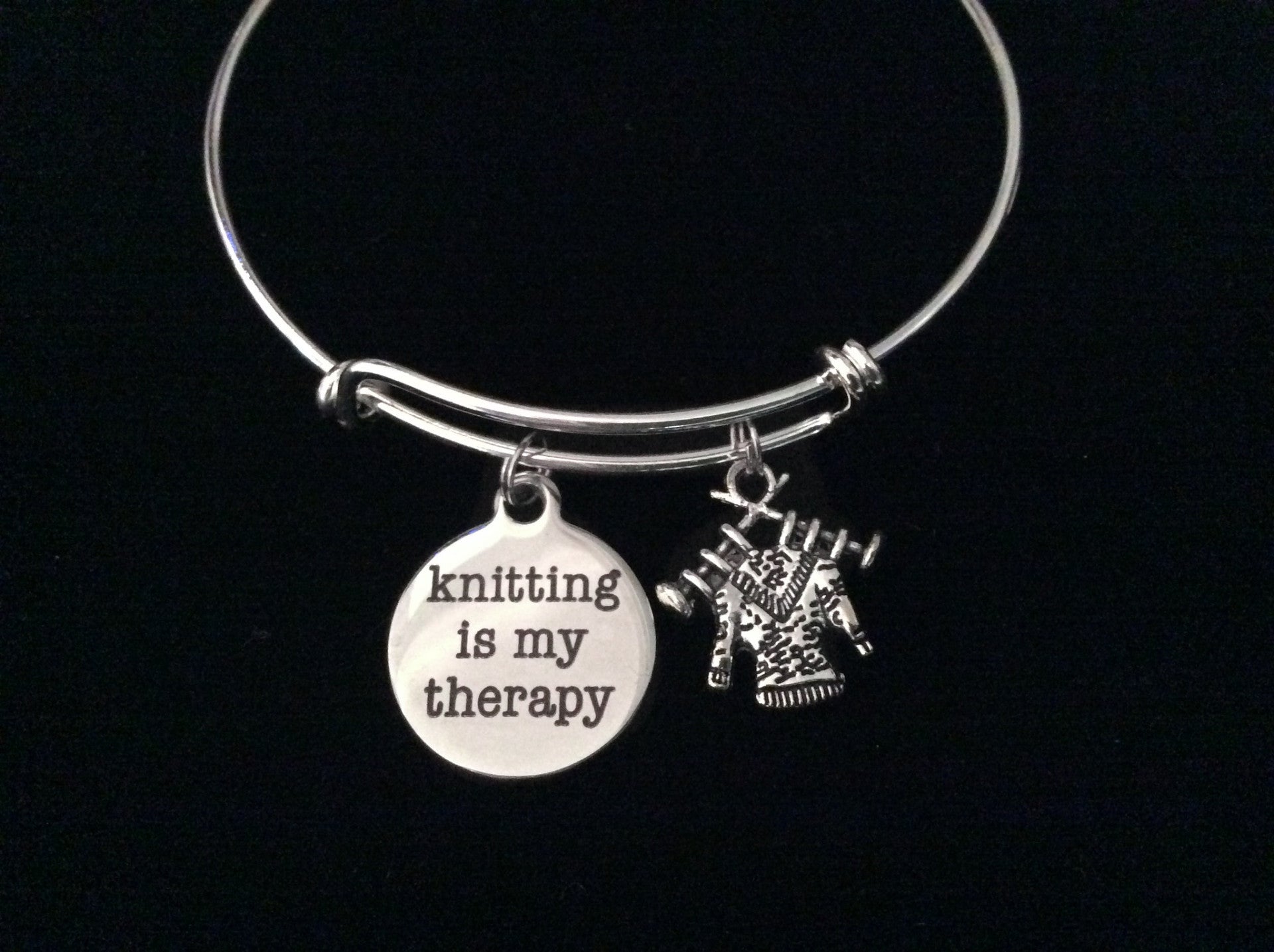 Knitting Is My Therapy Silver Expandable Charm Bracelet Adjustab