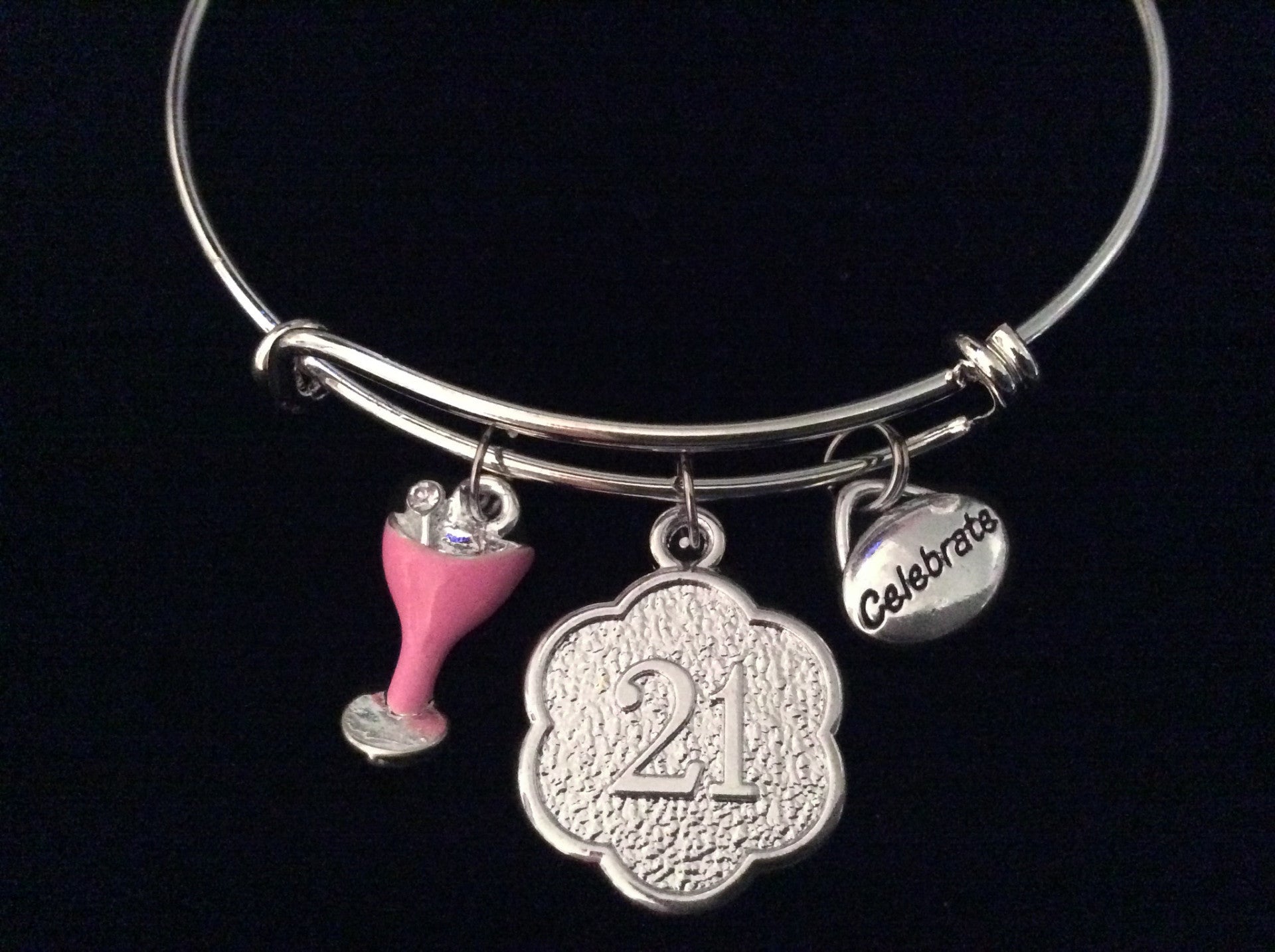 Celebrate Turning 21 Expandable Charm Bracelet Adjustable Bangle Gift Beverage Drink