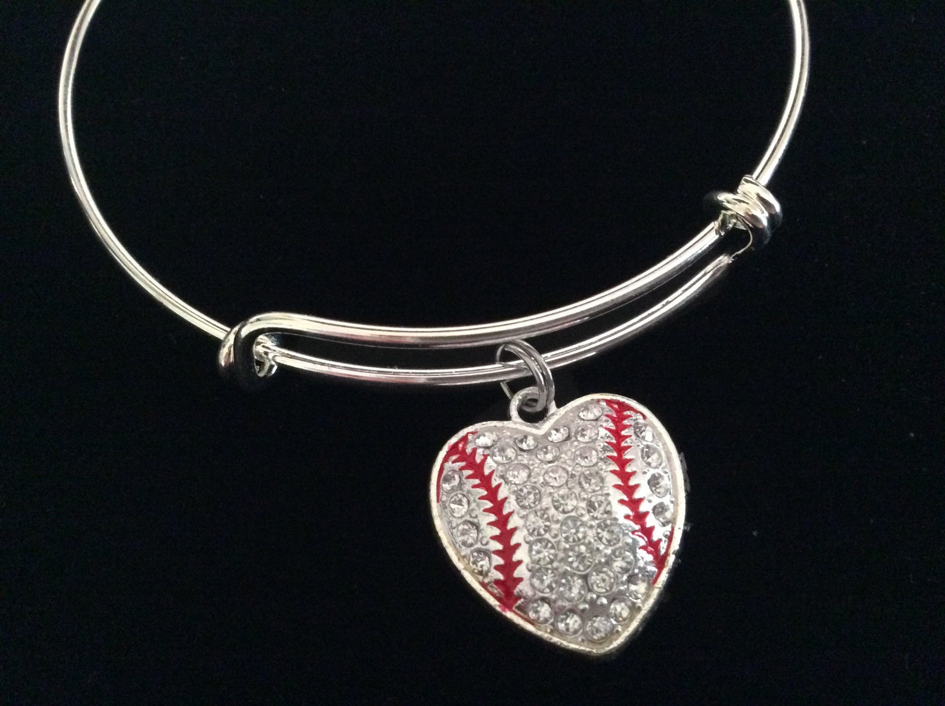 Baseball Heart Rhinestone Expandable Charm Bracelet Adjustable Bangle League Gift