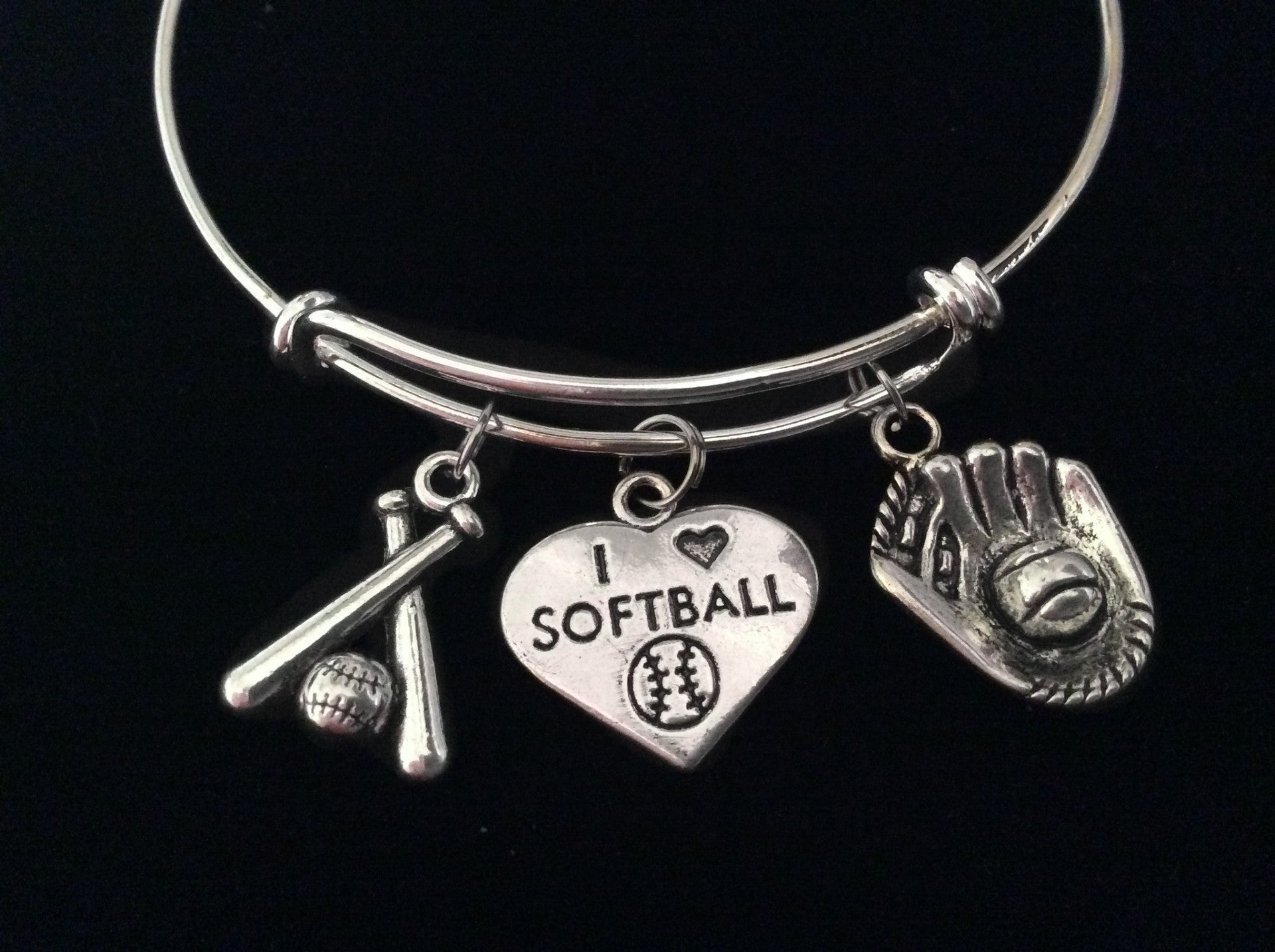 I Love Softball Bats Mitt Glove Expandable Charm Bracelet Adjust