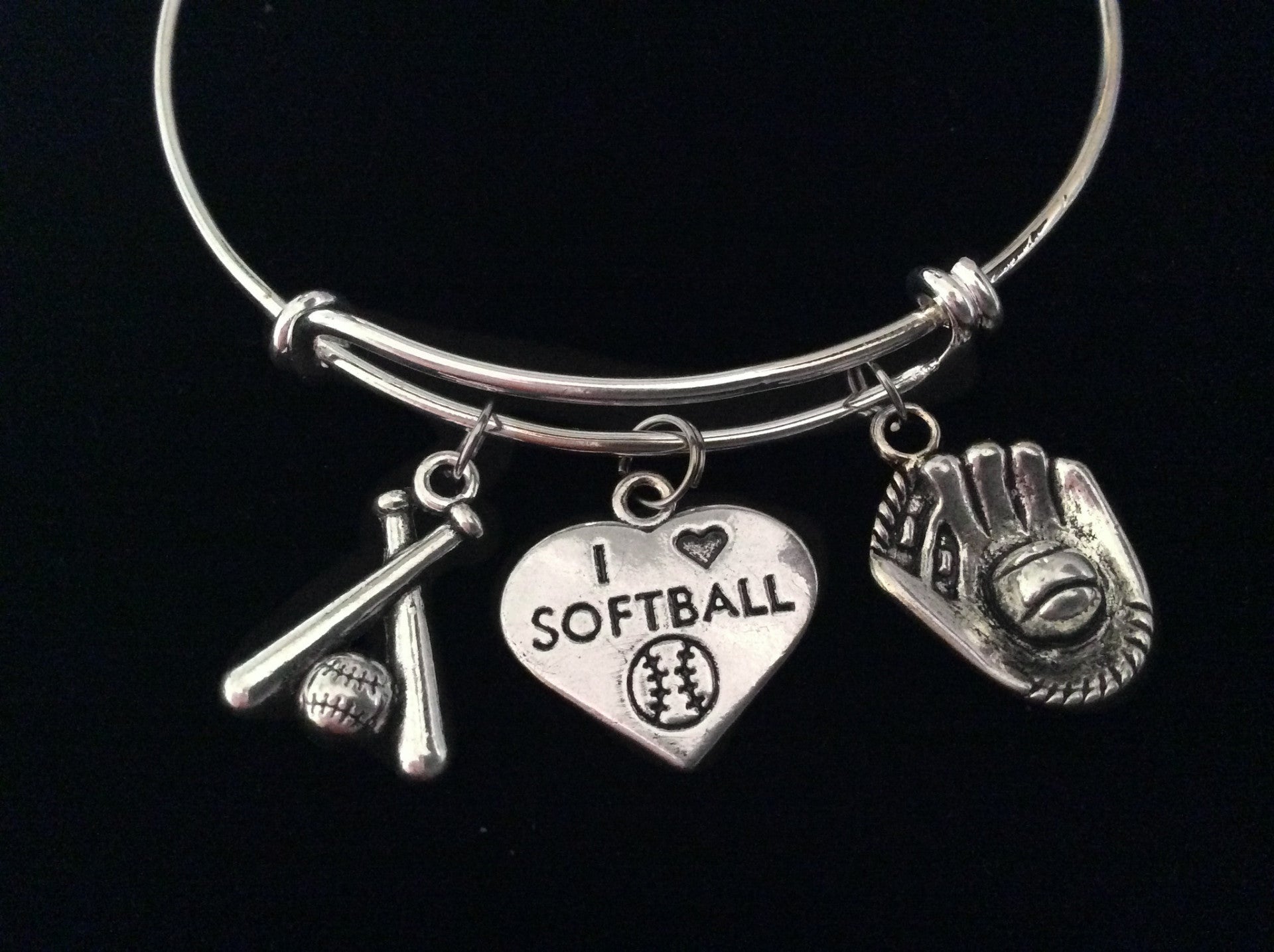 I Love Softball Bats Mitt Glove Expandable Charm Bracelet Adjustable Bangle Sports Team Coach Gift