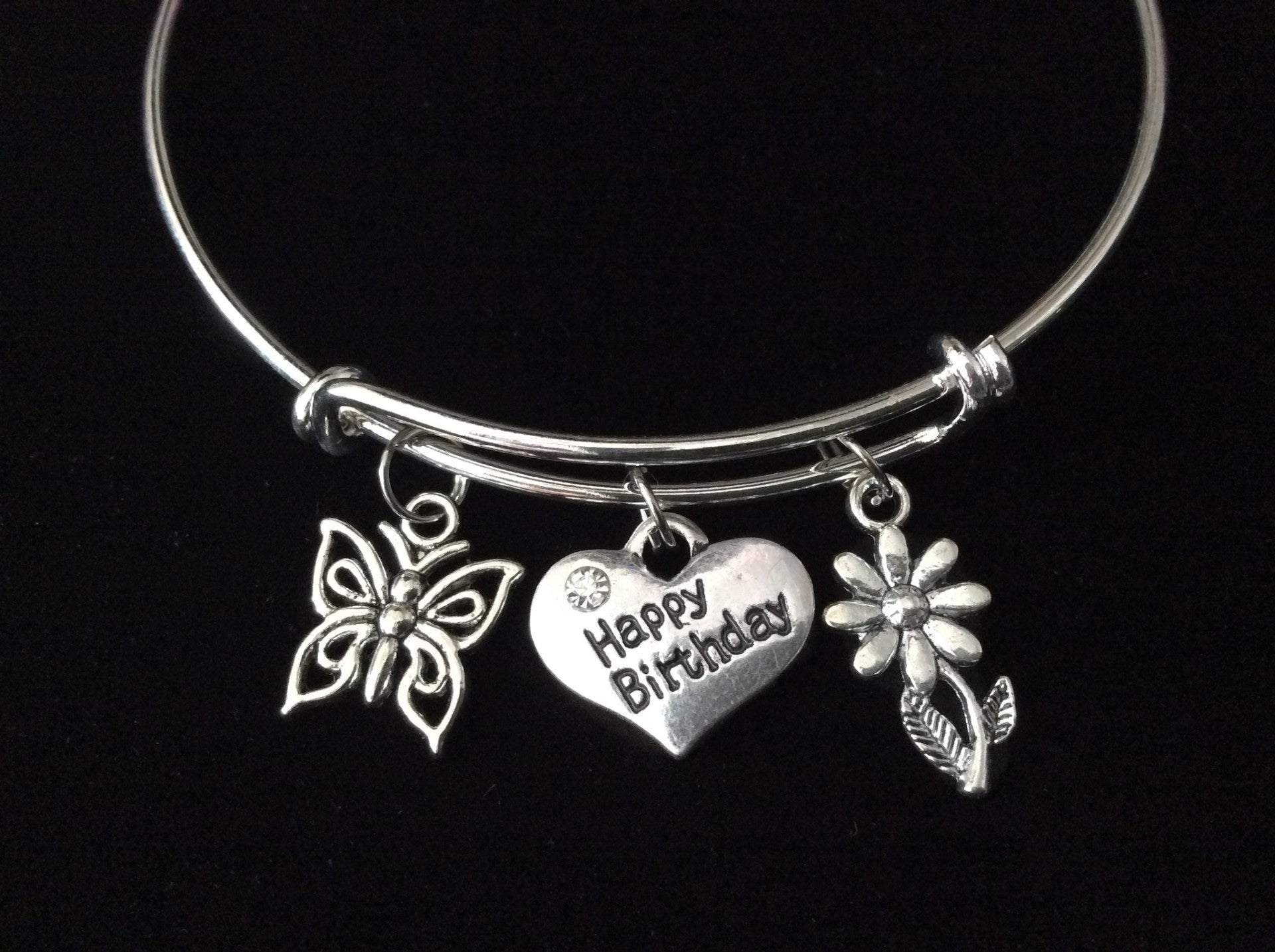 Happy Birthday Expandable Charm Bracelet Silver Adjustable Bangle Trendy Gift Butterfly Daisy