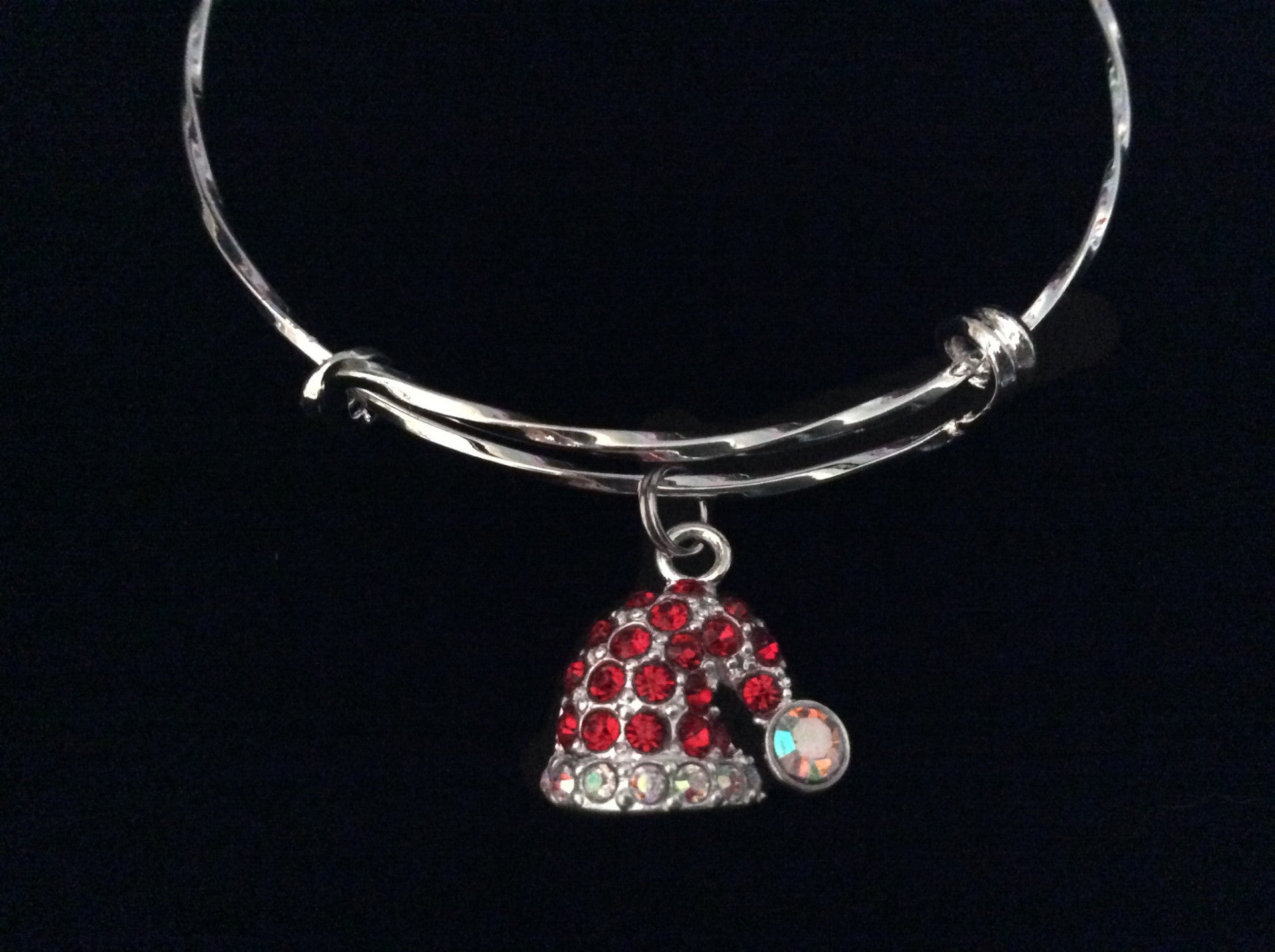 Rhinestone Red Santa Hat Expandable Charm Bracelet Silver Adjustable Wire Bangle Trendy Gift