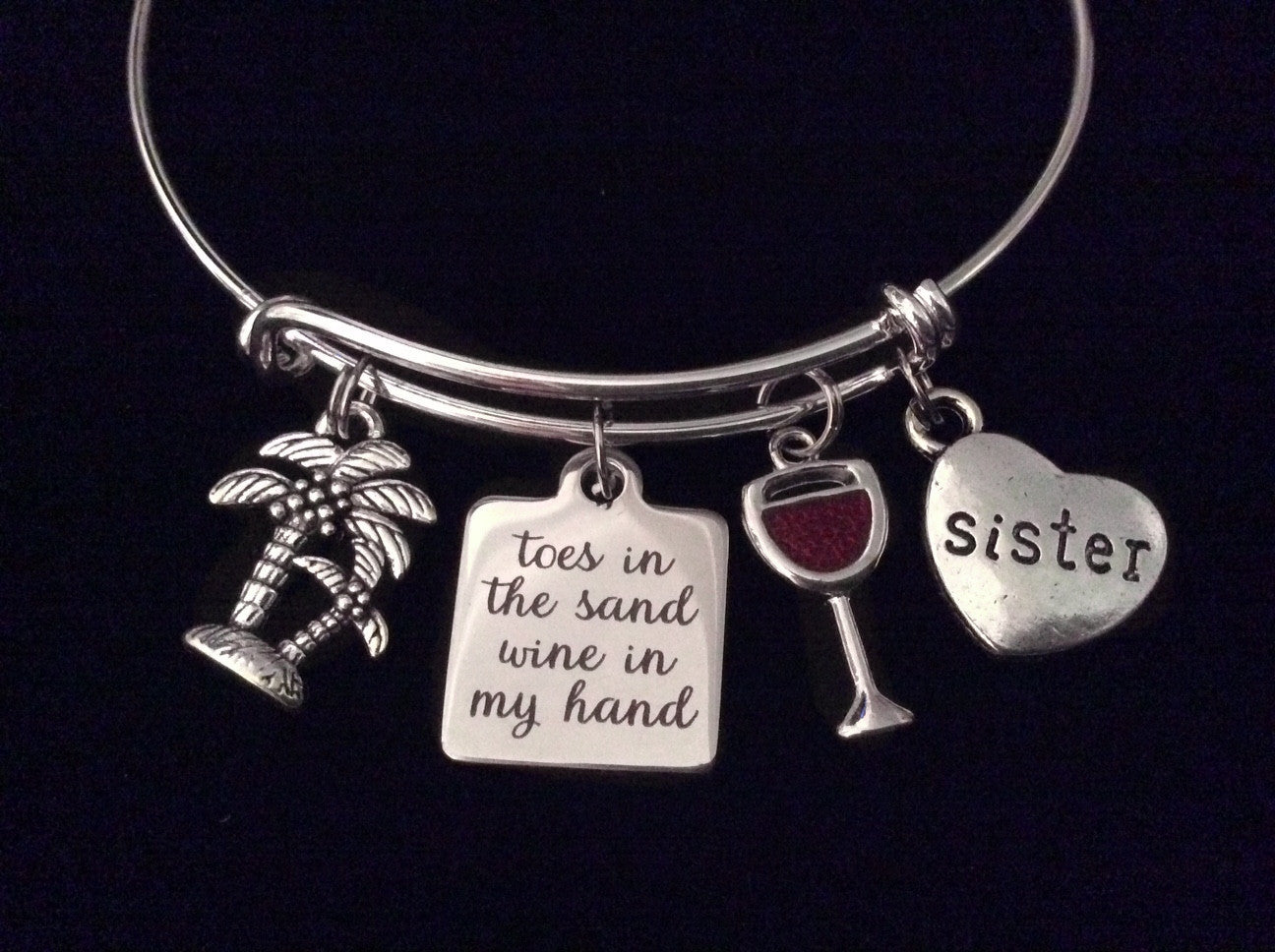 Sister Toes in the Sand Wine in my Hand Expandable Silver Charm Bracelet Ocean Nautical Adjustable W