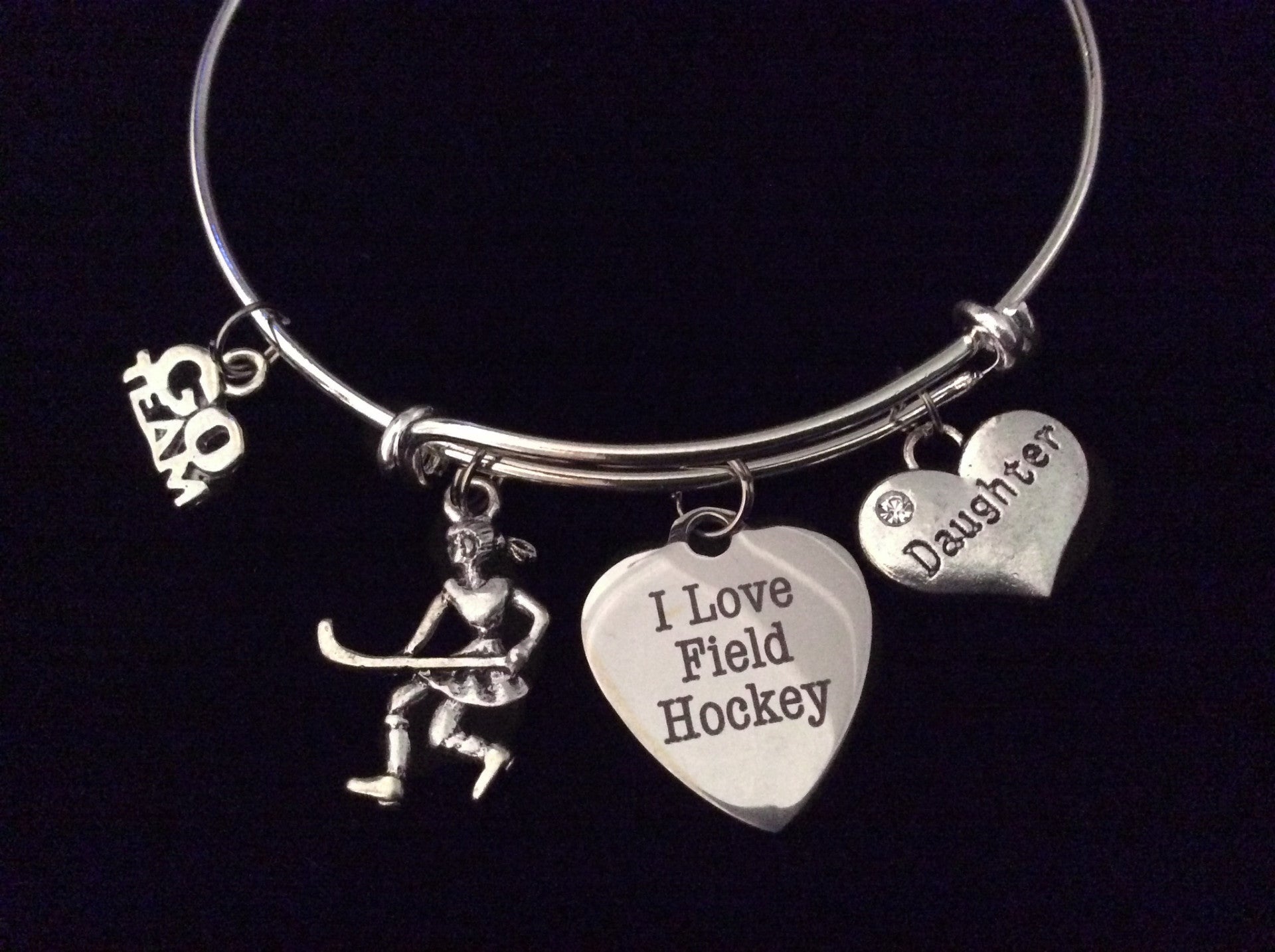 I Love Field Hockey Daughter Expandable Charm Bracelet Sports Gift Adjustable Bangle