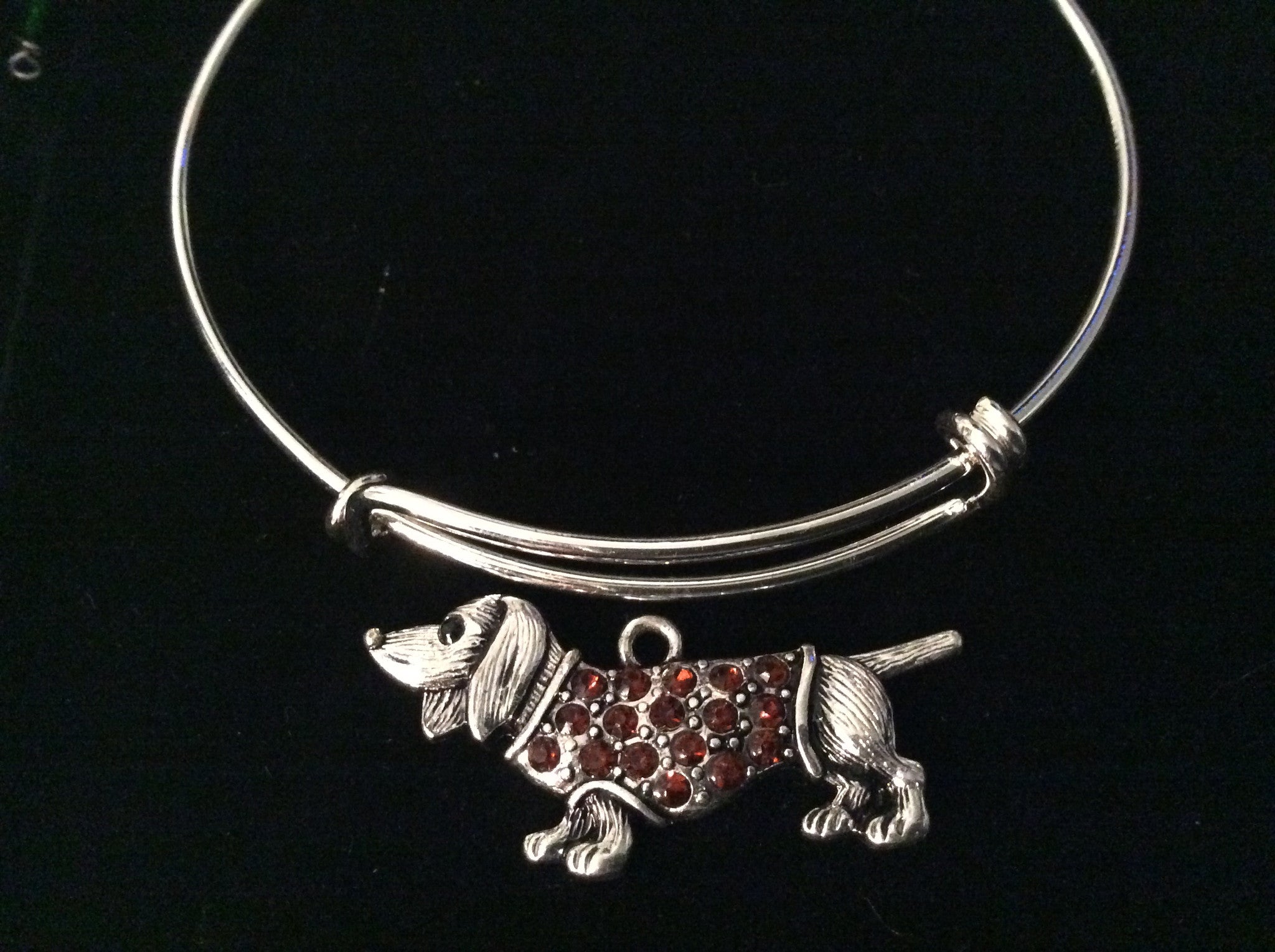 Crystal Dachshund Dog Charm Silver Expandable Bracelet Adjustabl