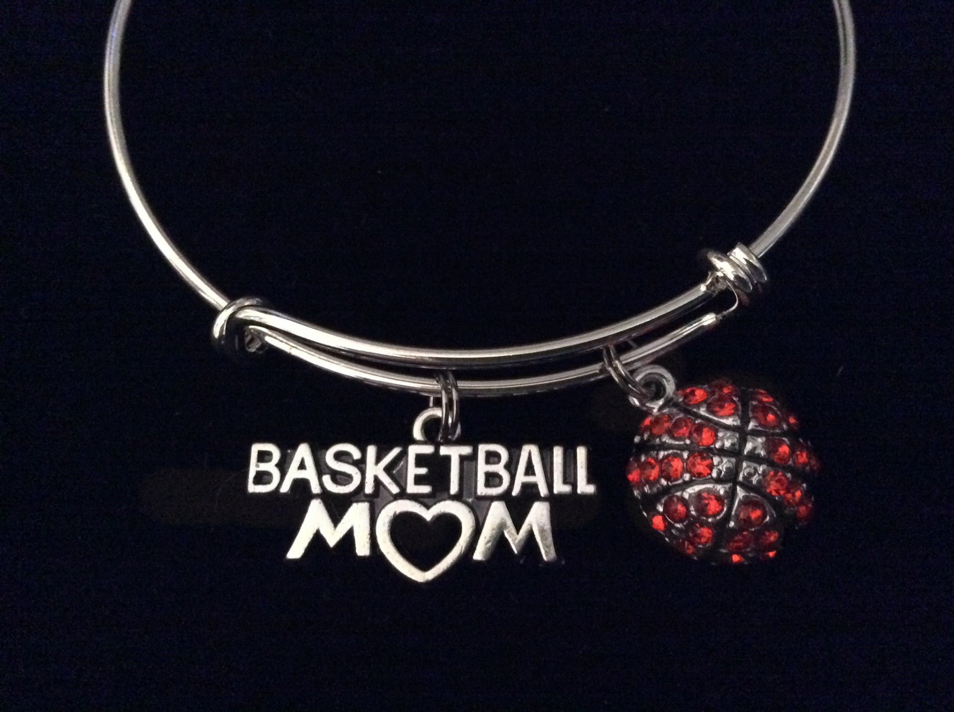 Basketball Mom Crystal Ball Charm Silver Expandable Charm Bracelet Sports Gift Adjustable BangleBask