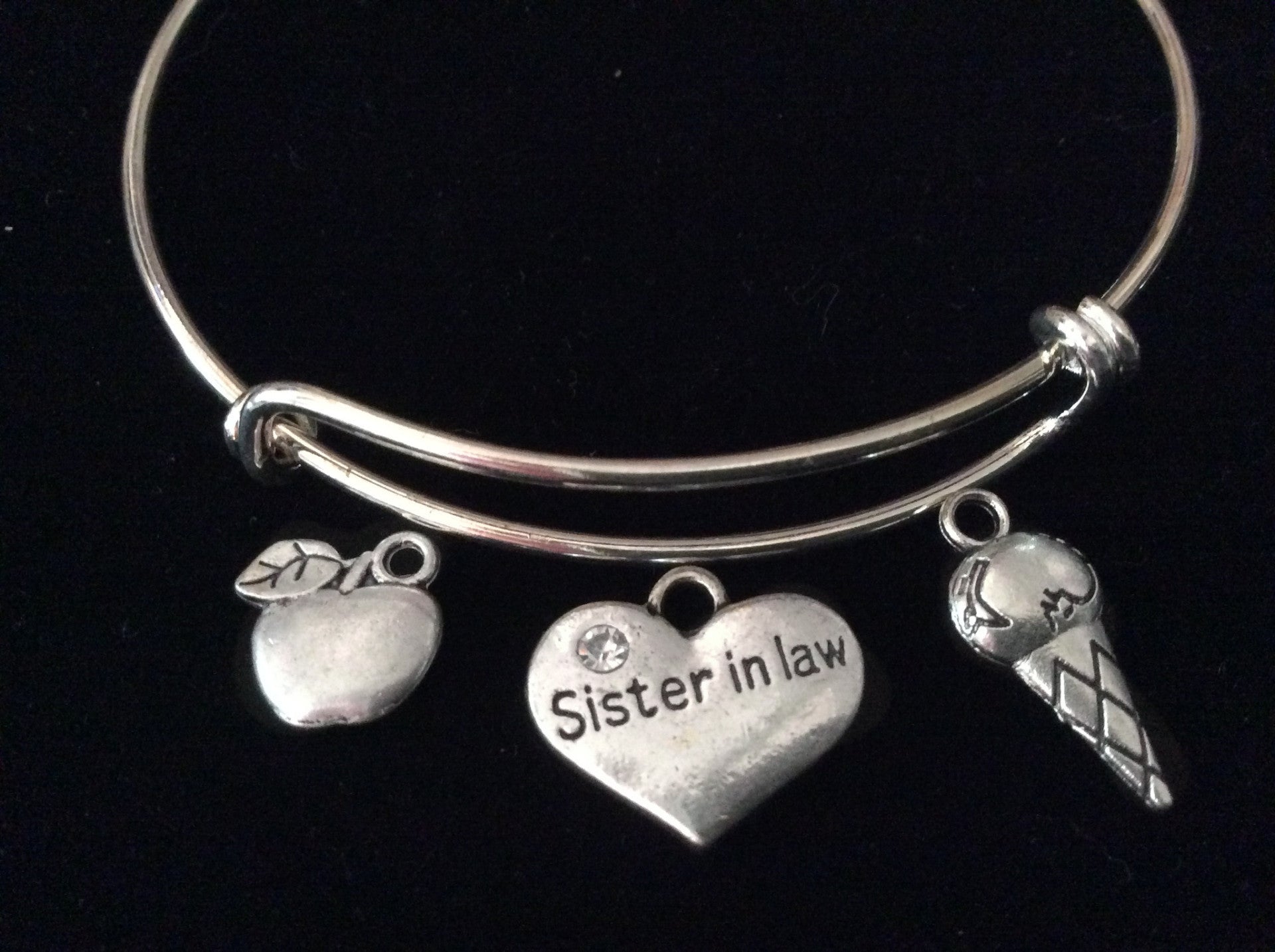 Sister In Law Expandable Charm Bracelet Bangle Adjustable Ice Cream Cone Apple Gift