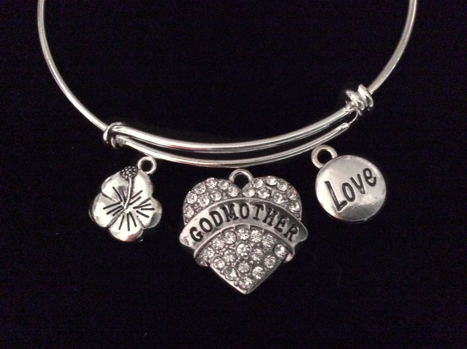 Crystal Godmother Heart Hibiscus Flower Love Expandable Charm Bracelet Silver Adjustable Bangle Tren