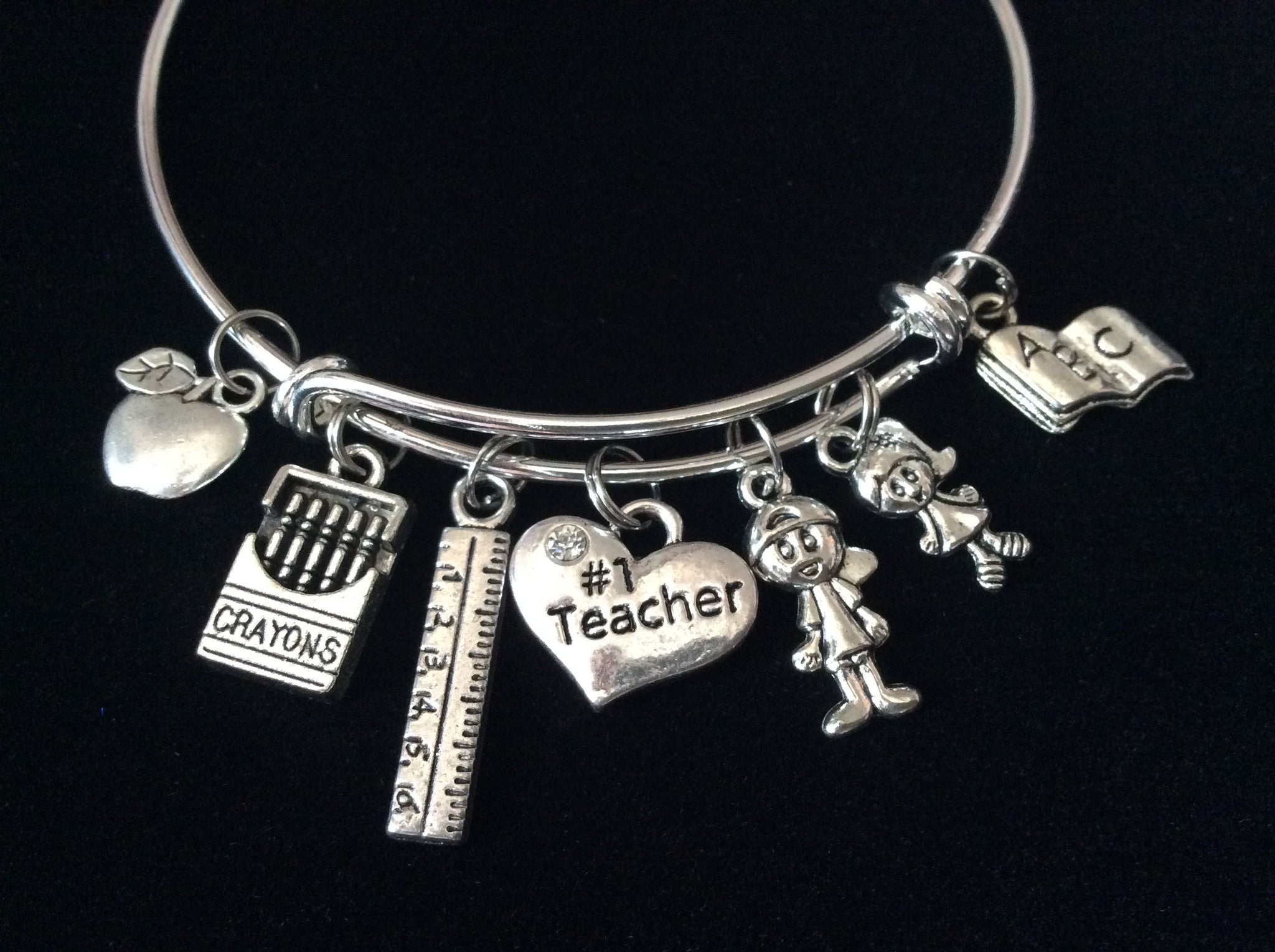 Teacher Gift Expandable Charm Bracelet Silver Adjustable Bangle Crayons Ruler Children Kids Apple