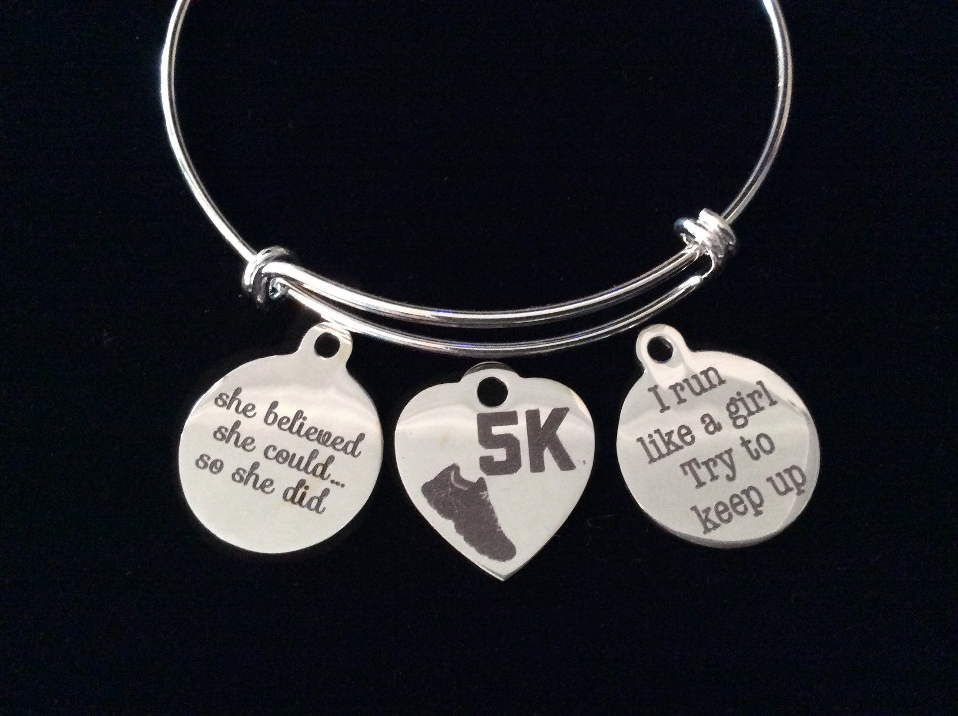 She Believed 5K Run Like A Girl Expandable Charm Bracelet Adjustable Wire Bangle Gift