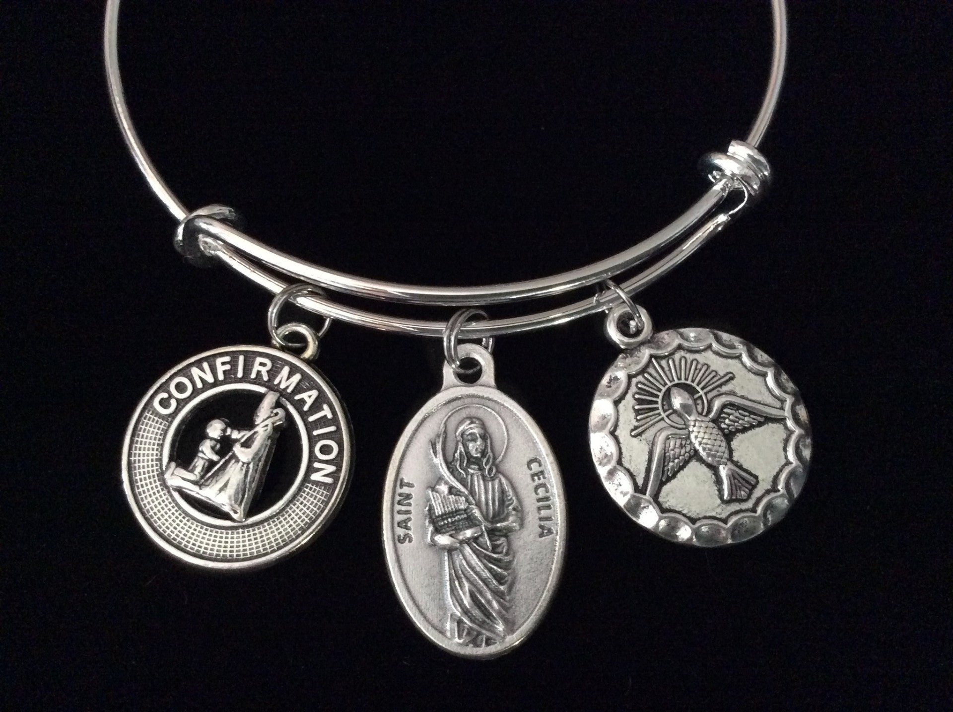 Confirmation Saint Cecilia Expandable Charm Bracelet Silver Adjustable bangle Medal Catholic Gift Do