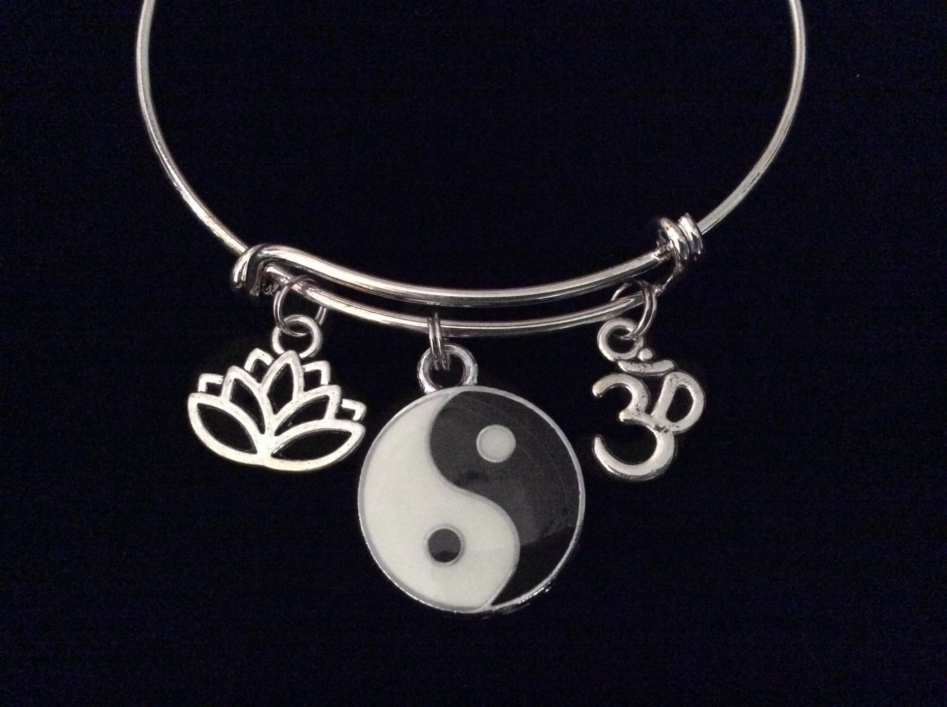 Yin Yang Lotus Om Expandable Charm Bracelet Adjustable Silver Wire Bangle Trendy Yoga Inspired Meani