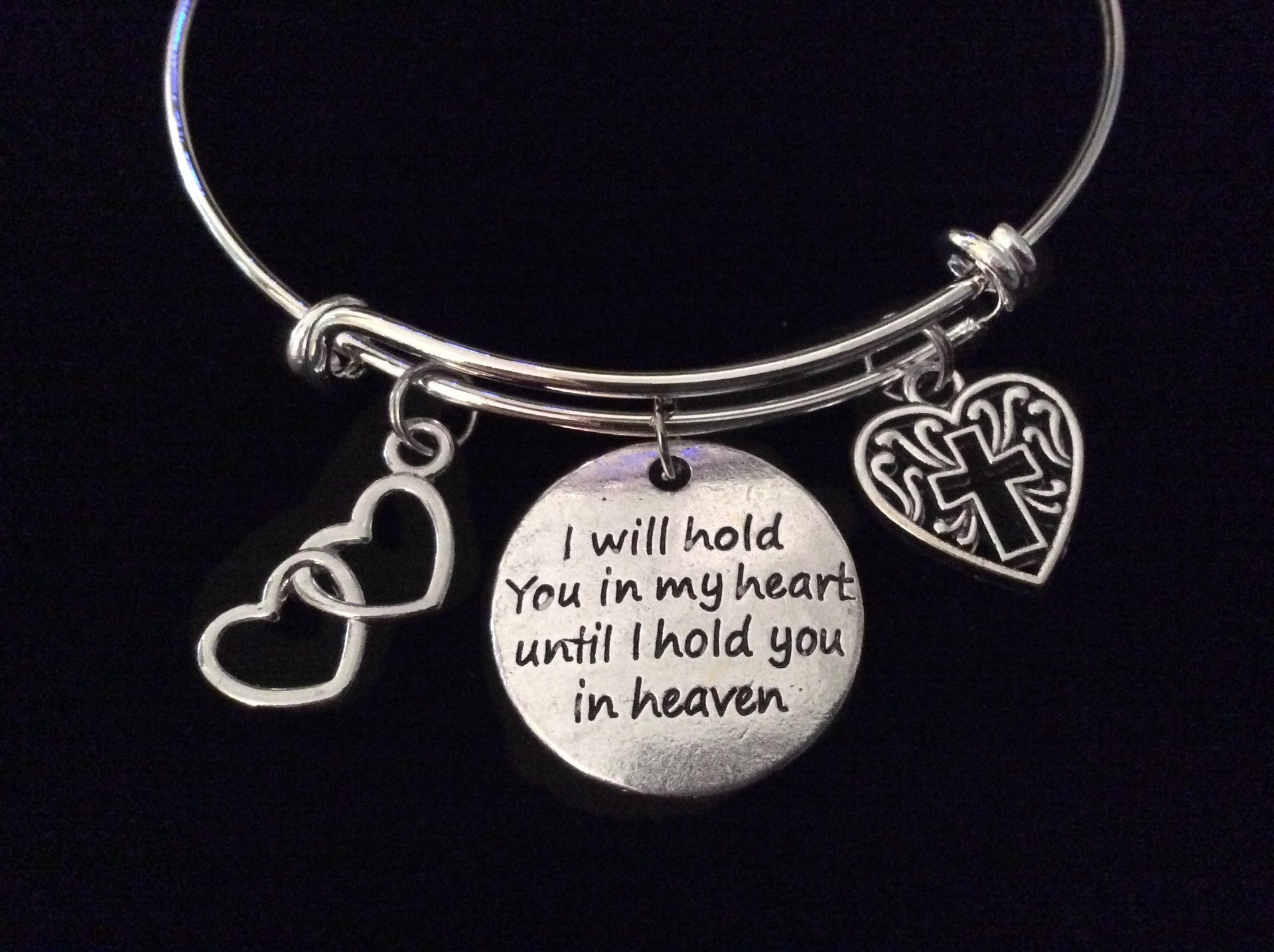 Memorial I will Hold you in my Heart Until I can Hold you in Heaven Expandable Charm Bracelet Silver