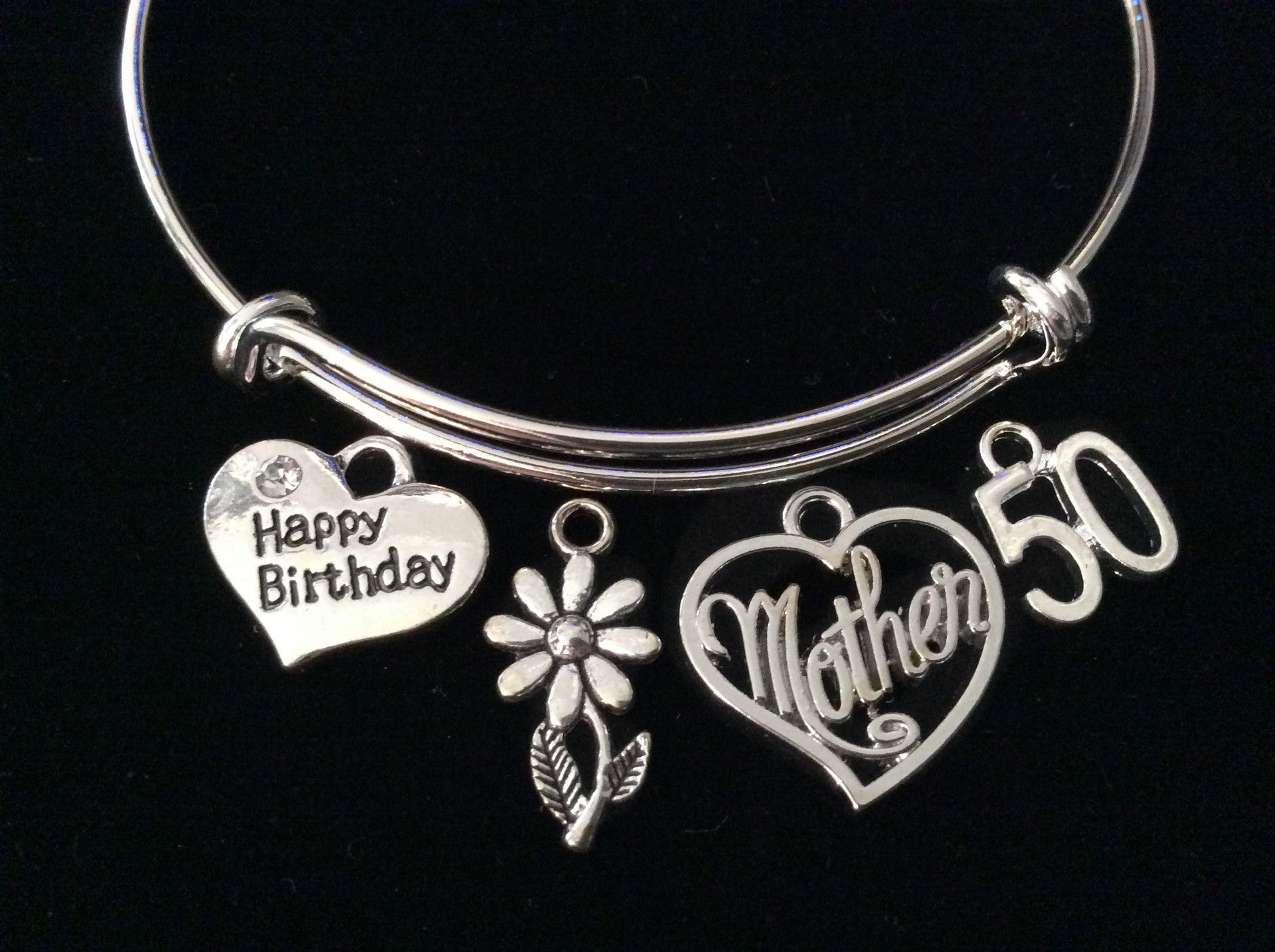 Mother Happy 50th Birthday Expandable Charm Bracelet Silver Adju