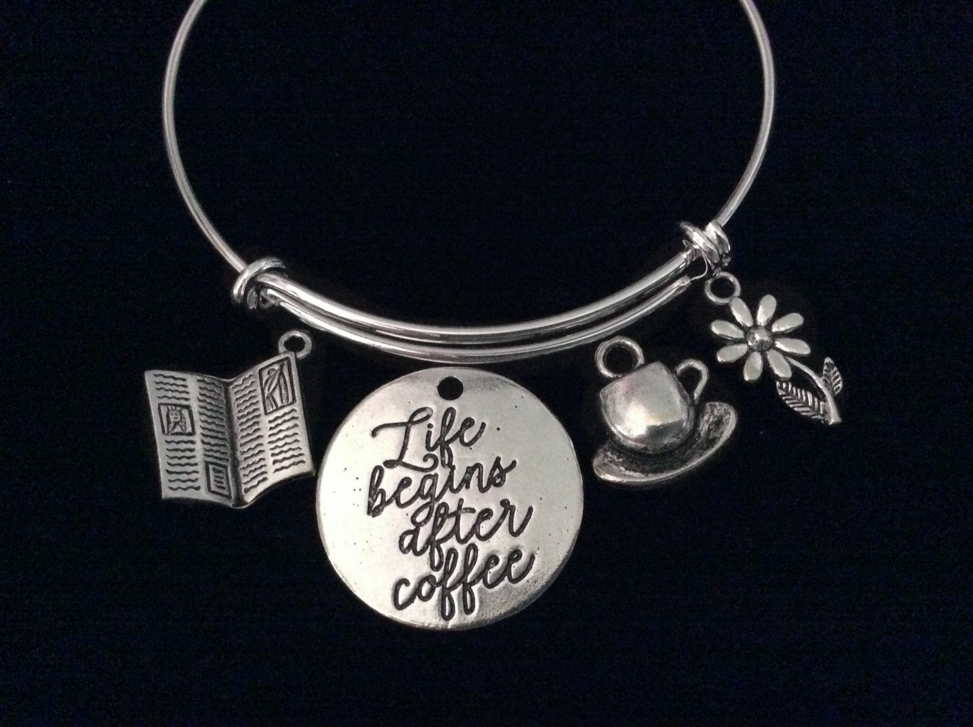 Life Begins After Coffee Expandable Charm Bracelet Newspaper Cup