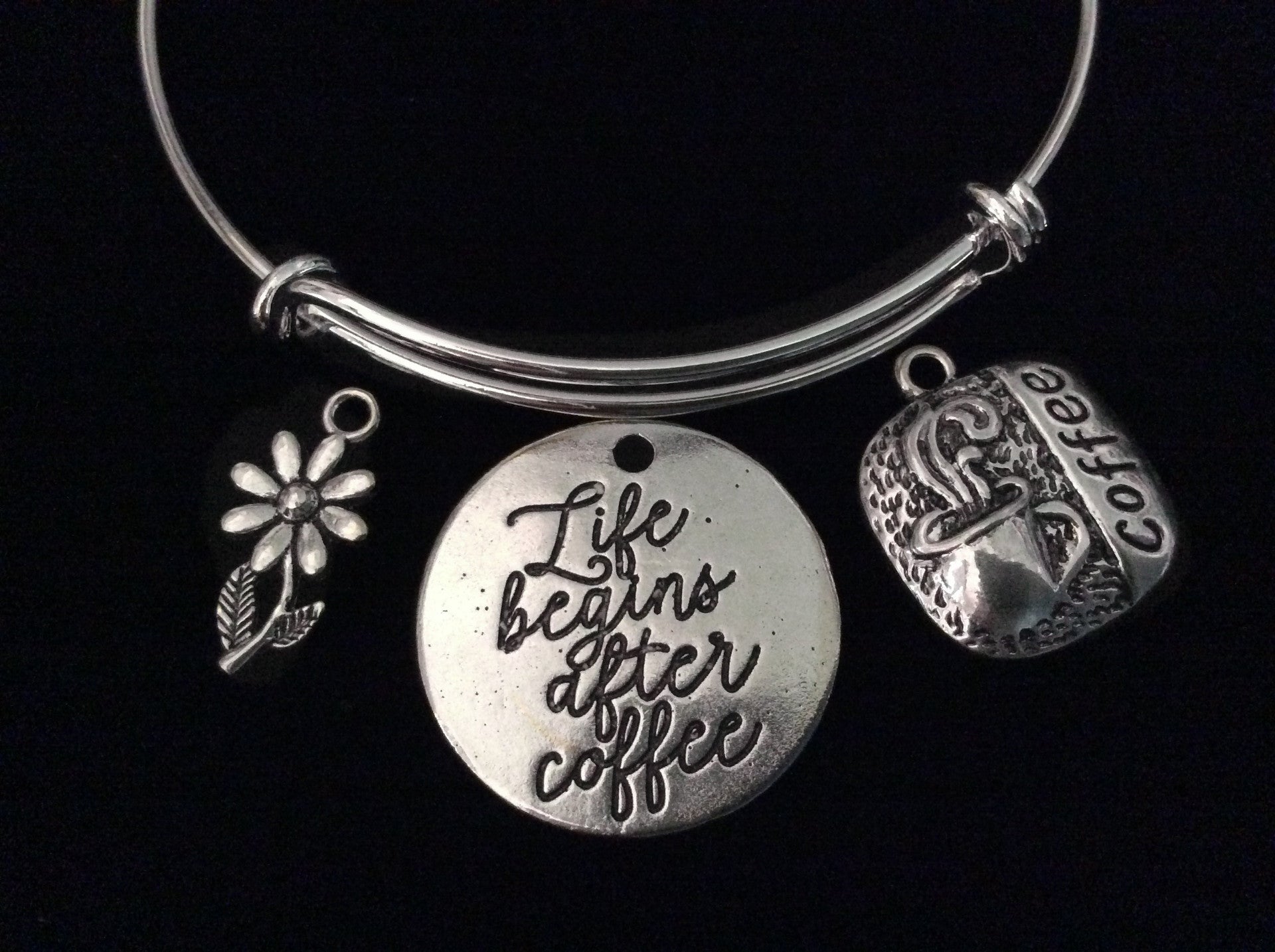 Coffee Lover Life Begins After Coffee Expandable Charm Bracelet Silver Wire Adjustable Bangle Gift S