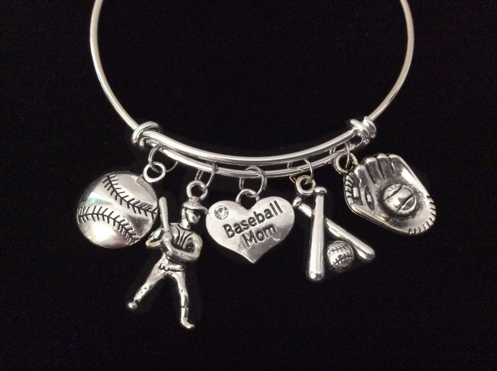 Baseball Mom Expandable Charm Bracelet Silver Adjustable Bangle Sports Team Gift Baseball Mitt Baseb