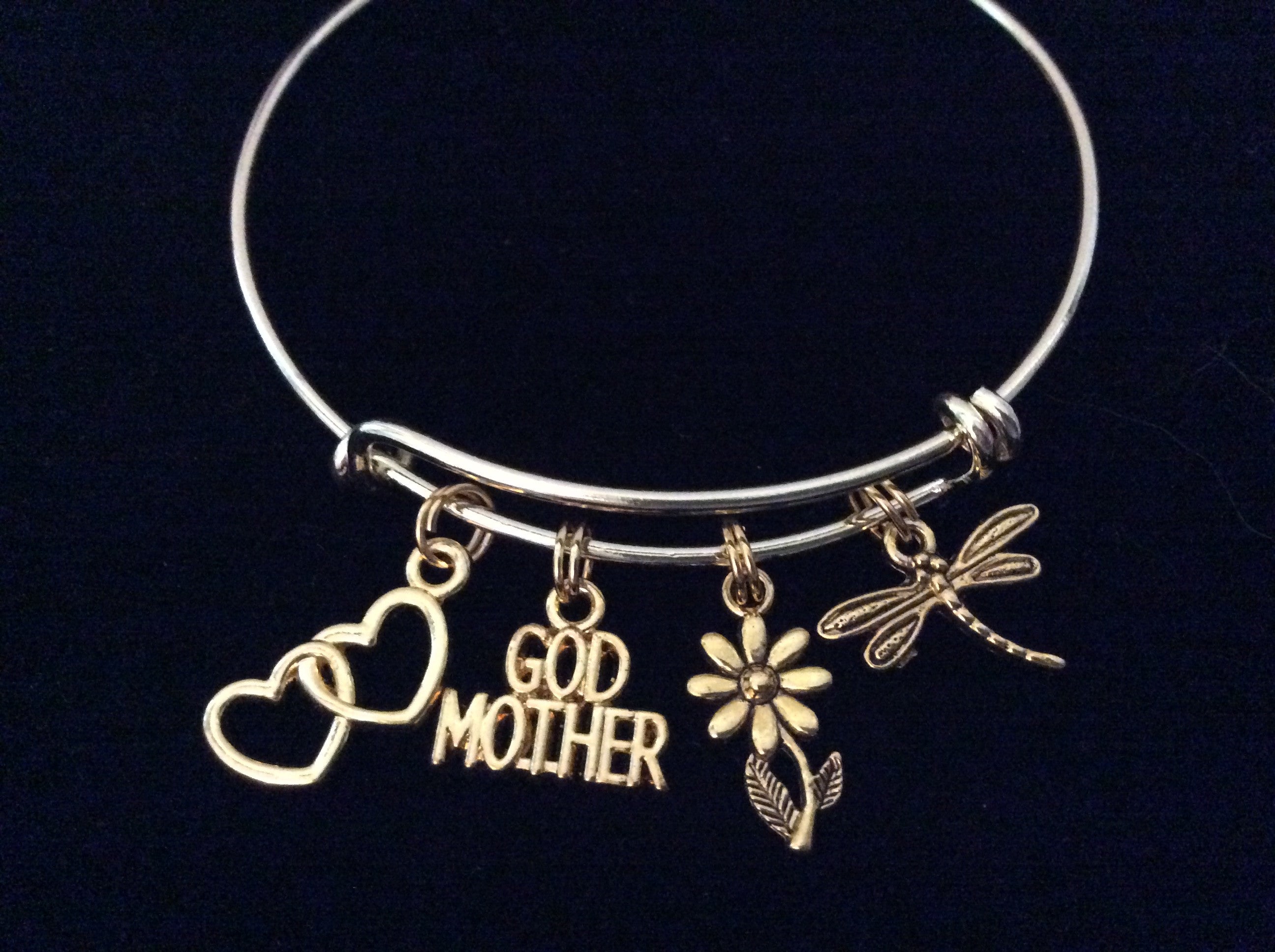 Gold Godmother Expandable Charm Bracelet Adjustable Wire Bangle Gift Double Hearts Dragonfly Daisy