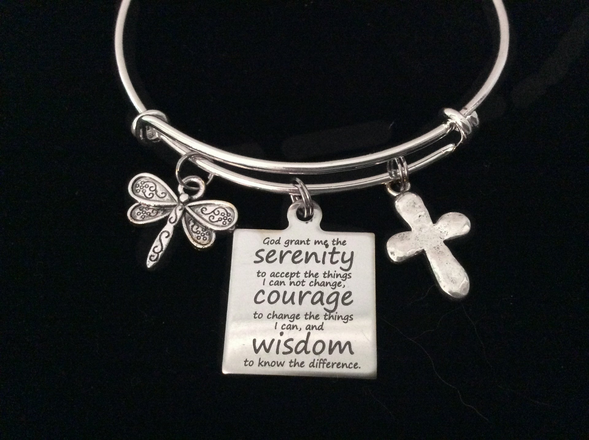 Serenity Prayer Courage Wisdom Expandable Charm Bracelet Adjustable Silver Wire Bangle Inspirational