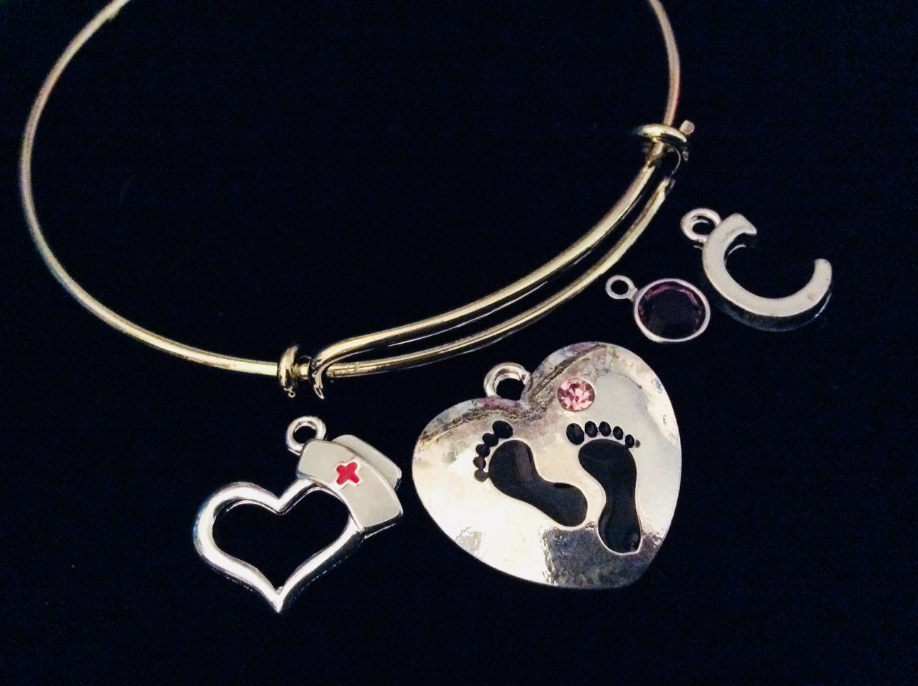 OB Nurse Baby Footprints Silver Expandable Charm Bracelet Adjustable Wire Bangle RN Gift