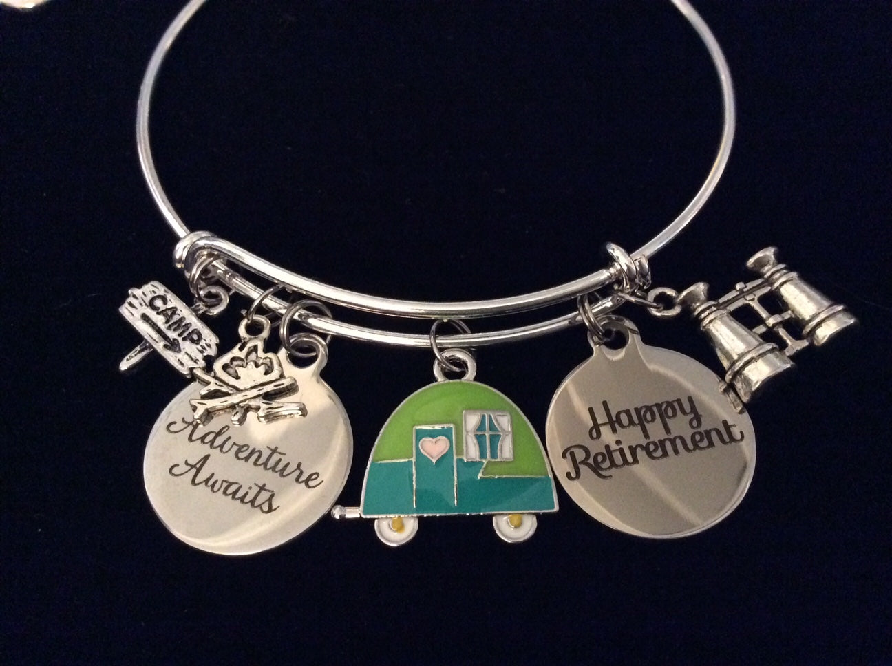 Camping Adventure Awaits Happy Retirement Adjustable Bracelet Expandable Silver Charm Bracelet Adjus