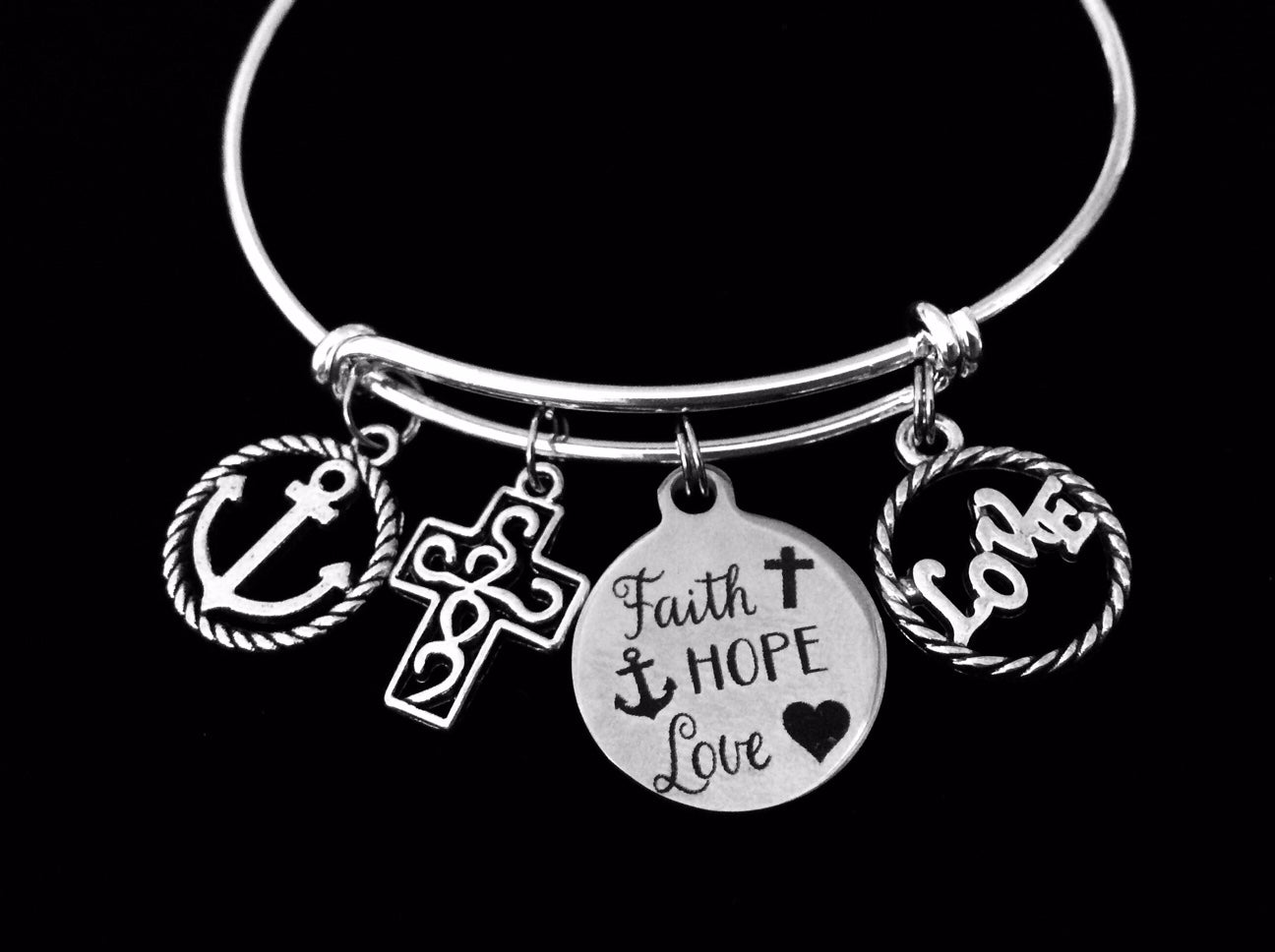 Faith Hope Love Anchor Filigree Cross Adjustable Bracelet Expandable Silver Charm Bangle Religious J