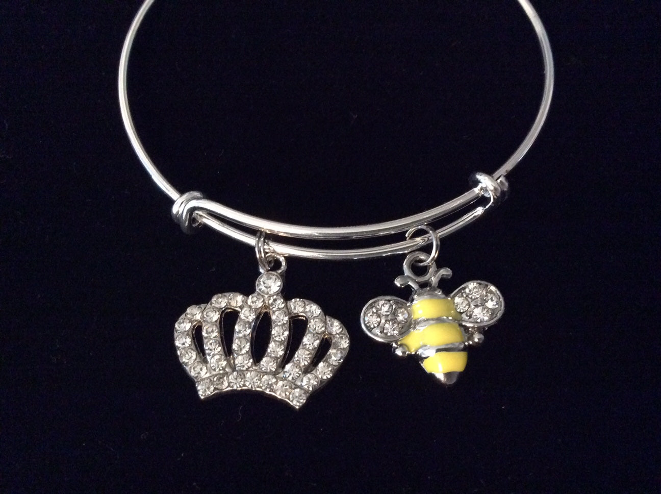 Queen Bee Crown Crystal Adjustable Bracelet Silver Expandable Charm Bangle Trendy One Size Fits All 