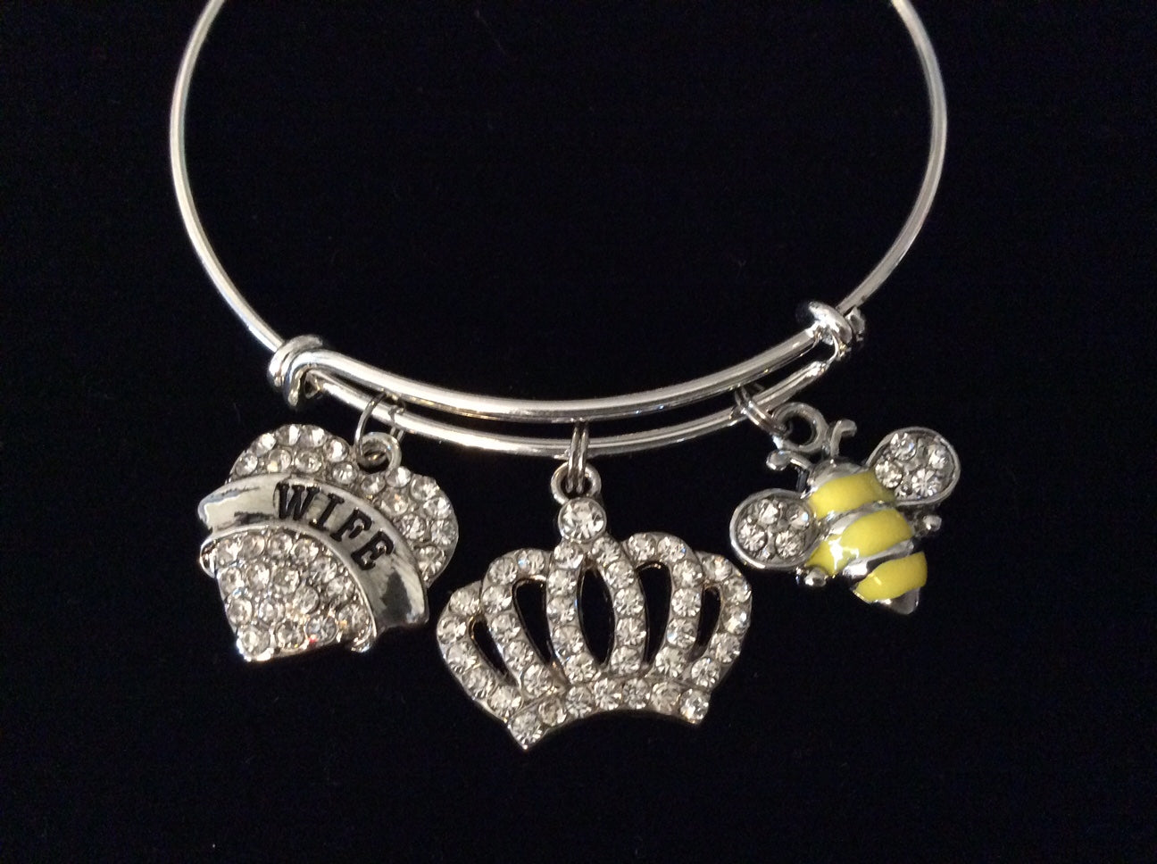 Wife Queen Bee Crown Crystal Adjustable Bracelet Silver Expandab