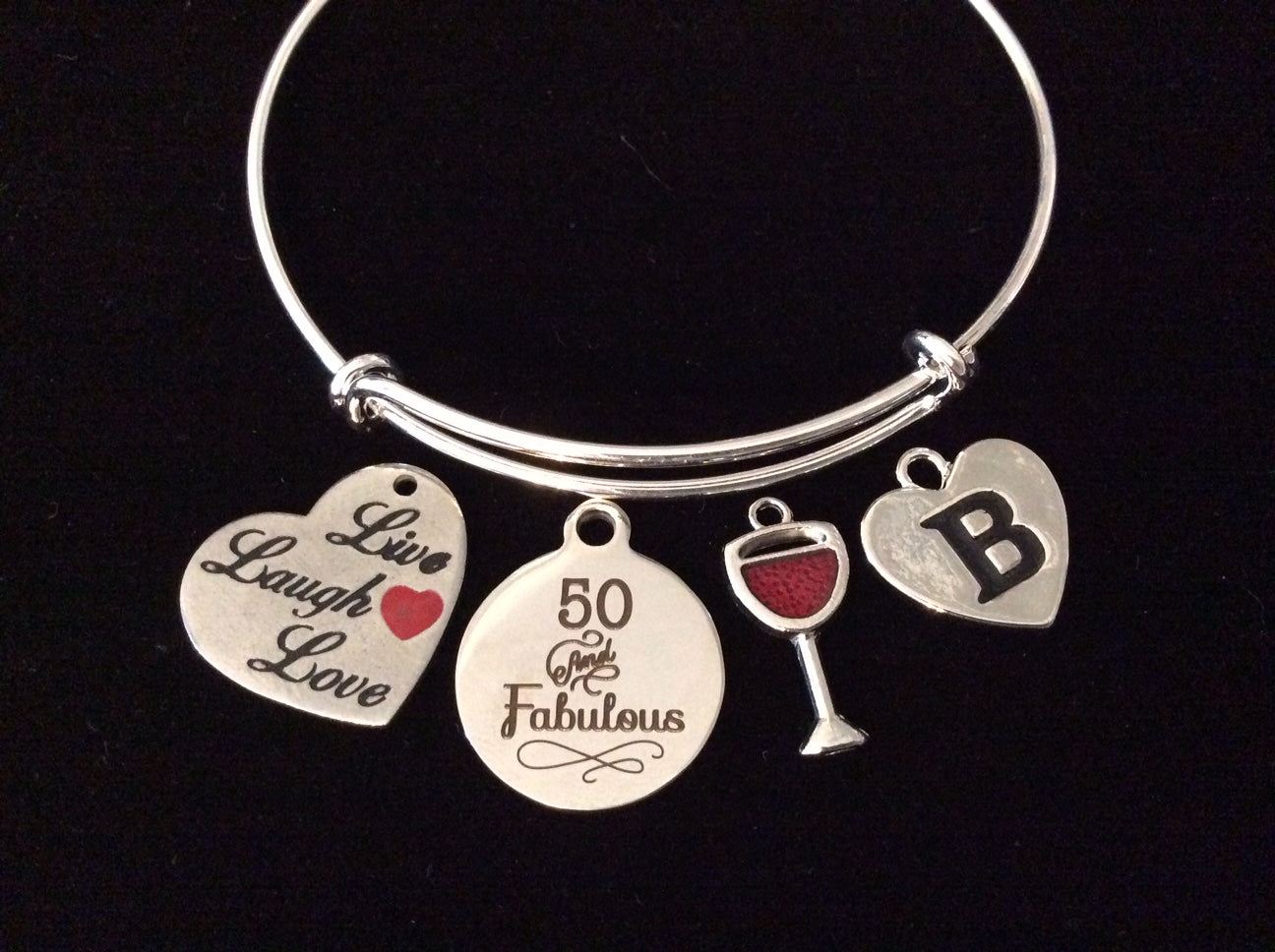 Live Love Laugh 50 and Fabulous Fifty Happy Birthday Expandable Charm Bracelet Silver Adjustable Wir