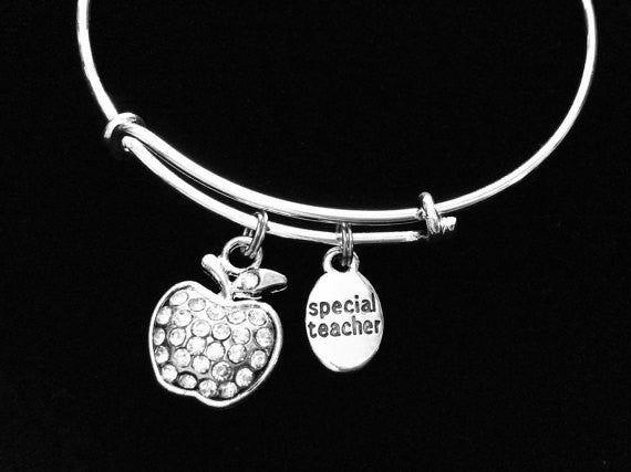 Special Teacher Charm Bracelet Silver Wire Bangle Adjustable and