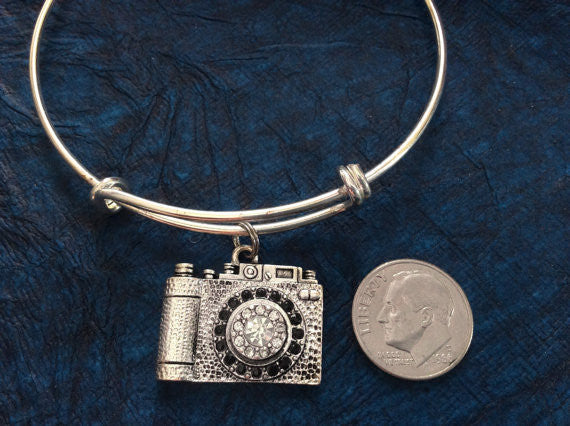 Silver Crystal Camera Expandable Charm Bracelet Adjustable Wire Bangle Photography Handmade Trendy