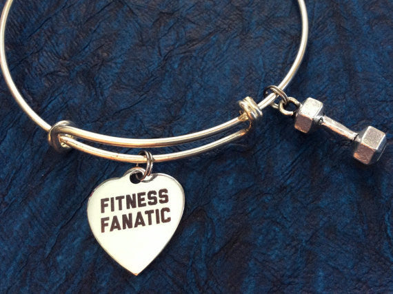 Fitness Fanatic with Weight Charm Word Quote on Expandable Adjustable Wire Bangle Bracelet Trainer G