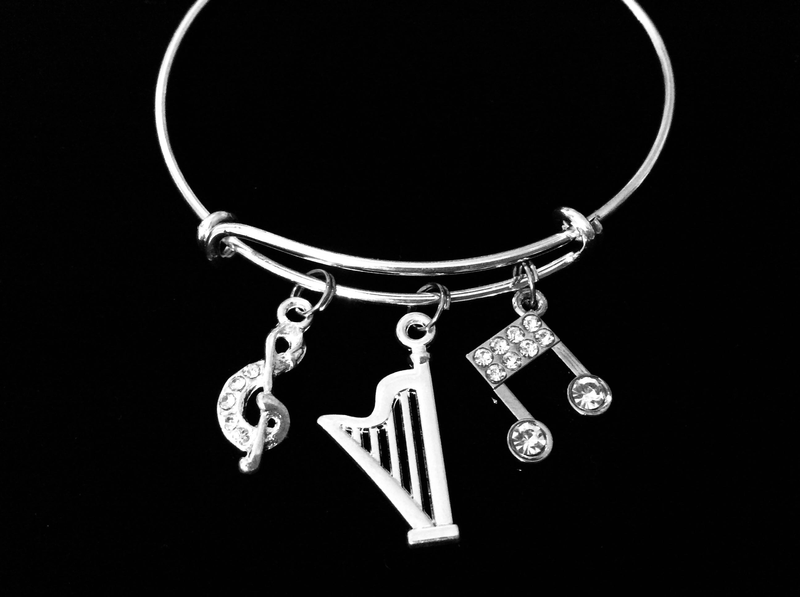 Musical Harp Adjustable Bracelet Music Notes Expandable Silver C