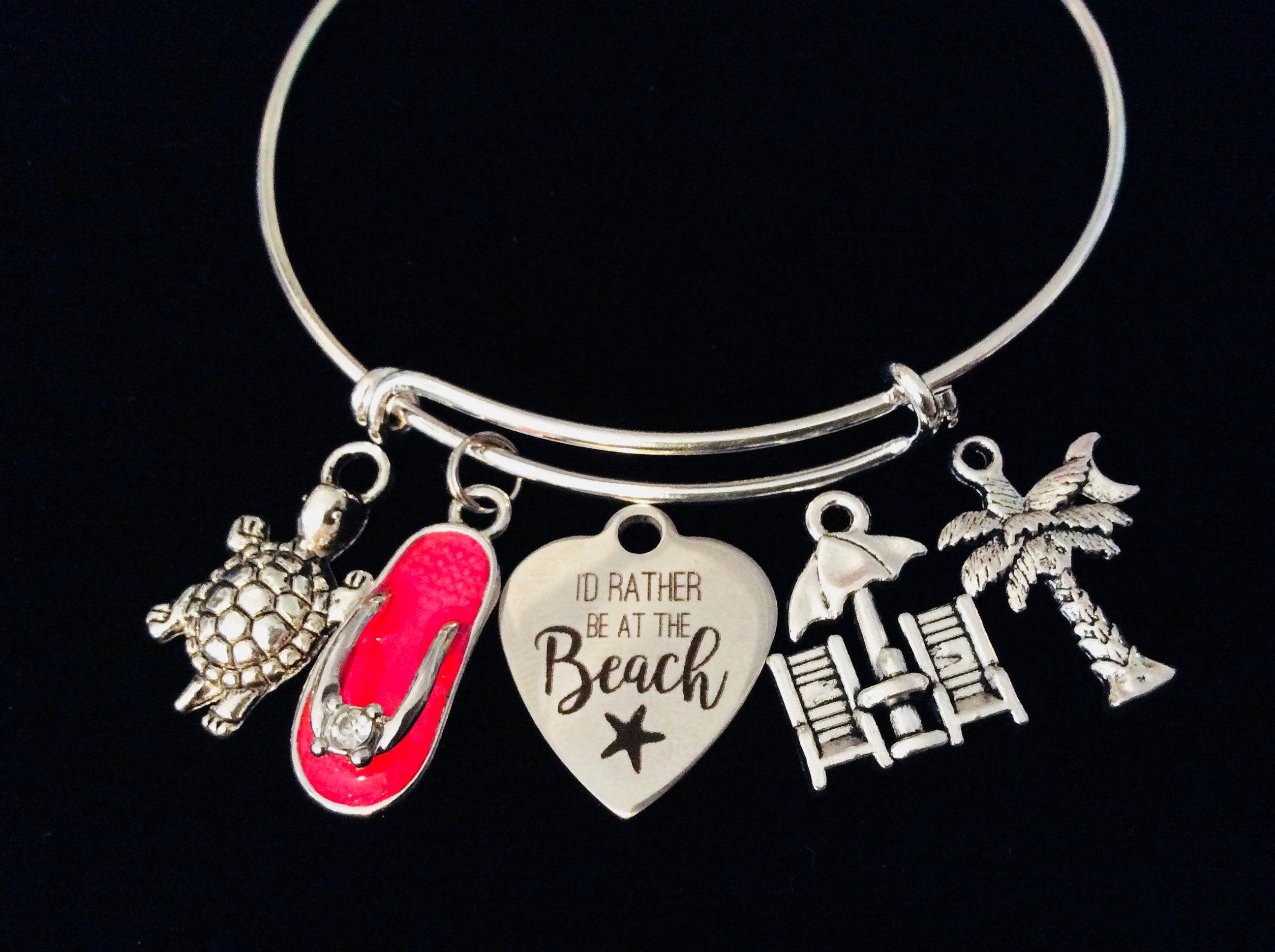 I Would Rather Be At the Beach Expandable Charm Bracelet Turtle Palm Tree Flip Flop Nautical Jewelry